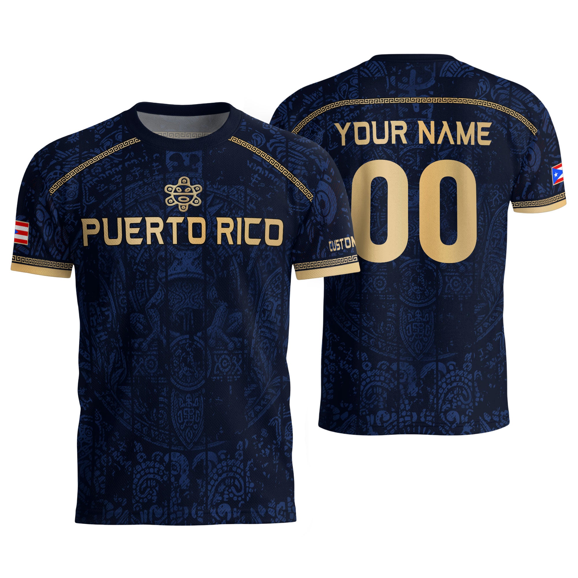 Personalized Name Puerto Rico Soccer Jersey Navy Blue Taino Gold Design Boricua Pride