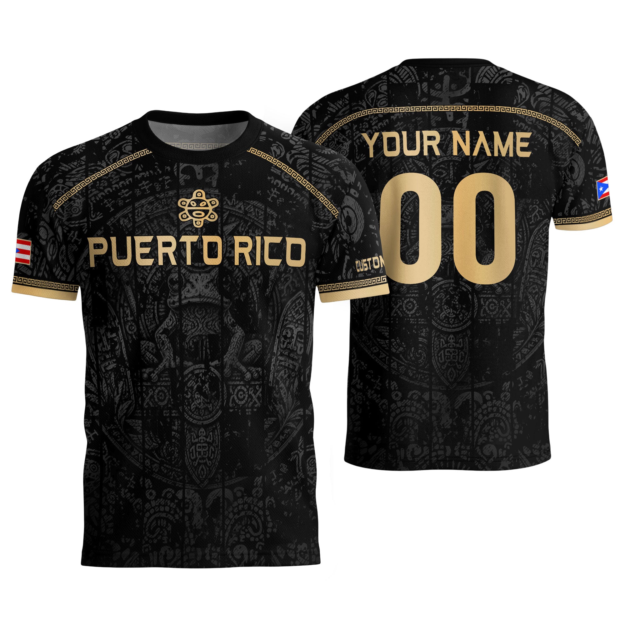 Personalized Name Black Puerto Rico Soccer Jersey Taino Gold Design Boricua Pride