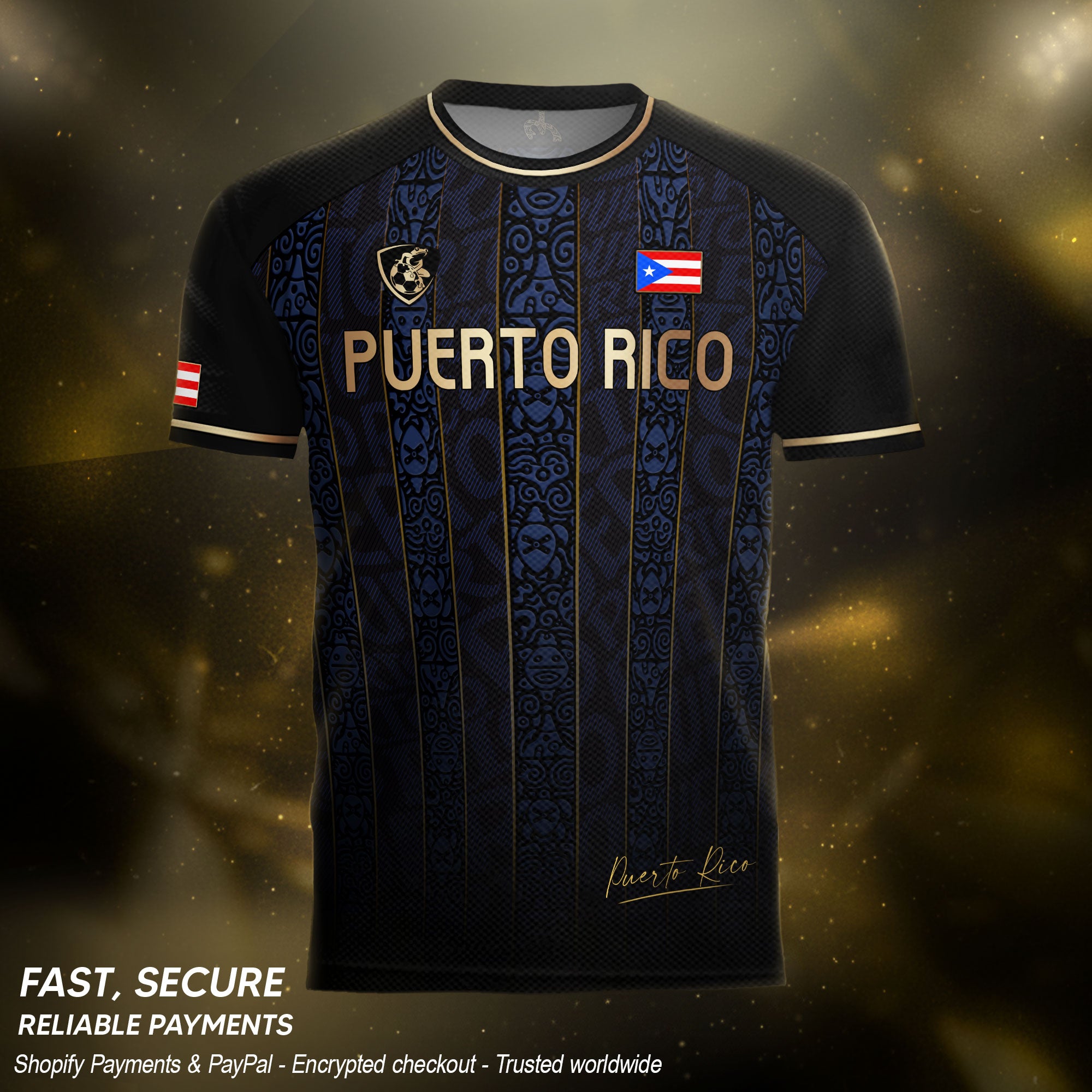Navy Puerto Rico Soccer Jersey Taino Heritage Gold Coqui Print Boricua Football Shirt Men