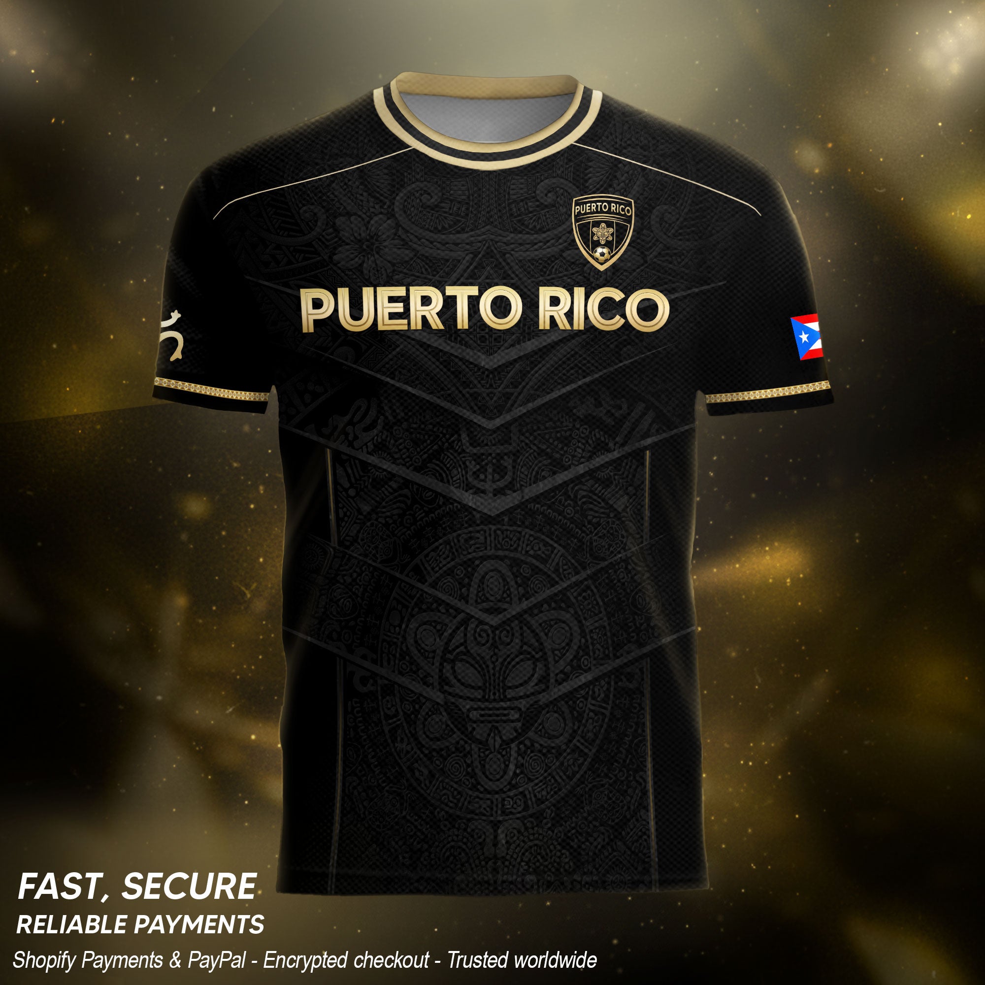 Puerto Rico Soccer Jersey - Black Gold Design with Lion Symbol & Puerto Rico Flag