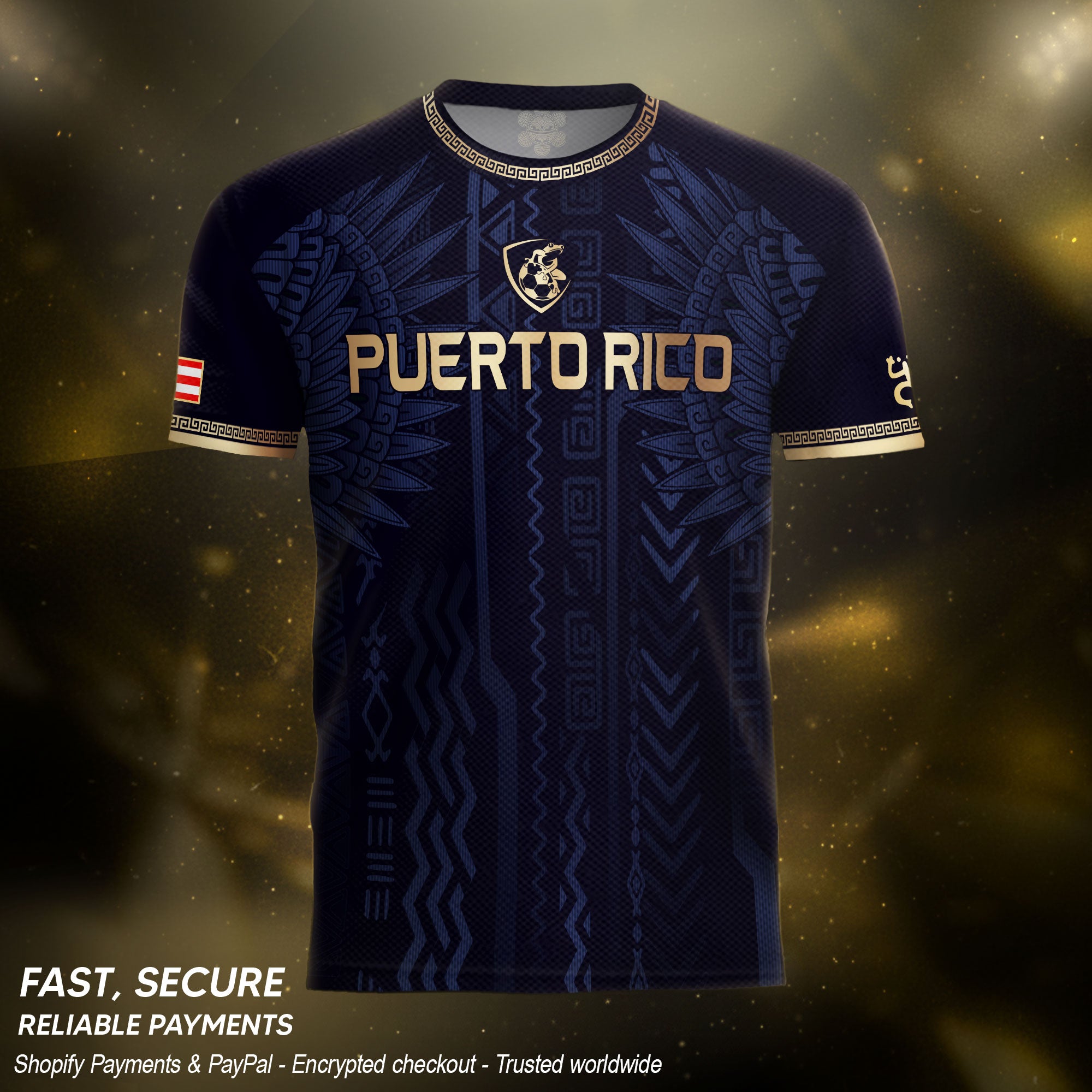 Camiseta de fútbol con máscara taína boricua azul marino de Puerto Rico, bandera tribal, orgullo nacional