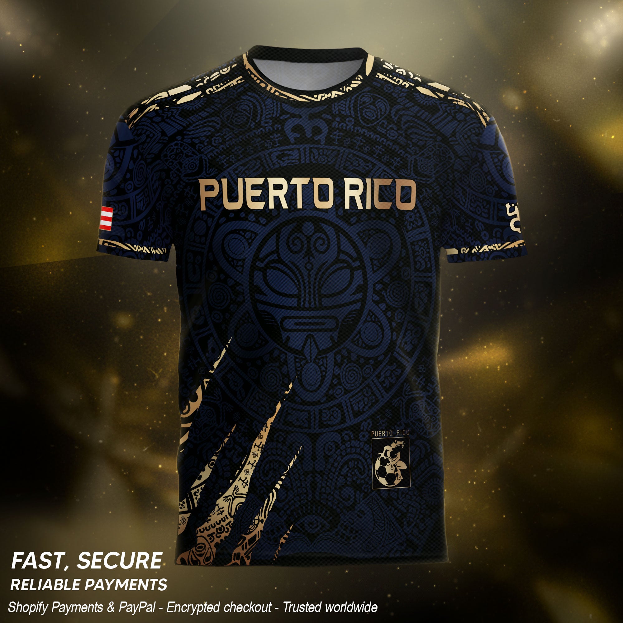 Camiseta de fútbol con máscara taína boricua azul marino de Puerto Rico, bandera tribal, orgullo nacional