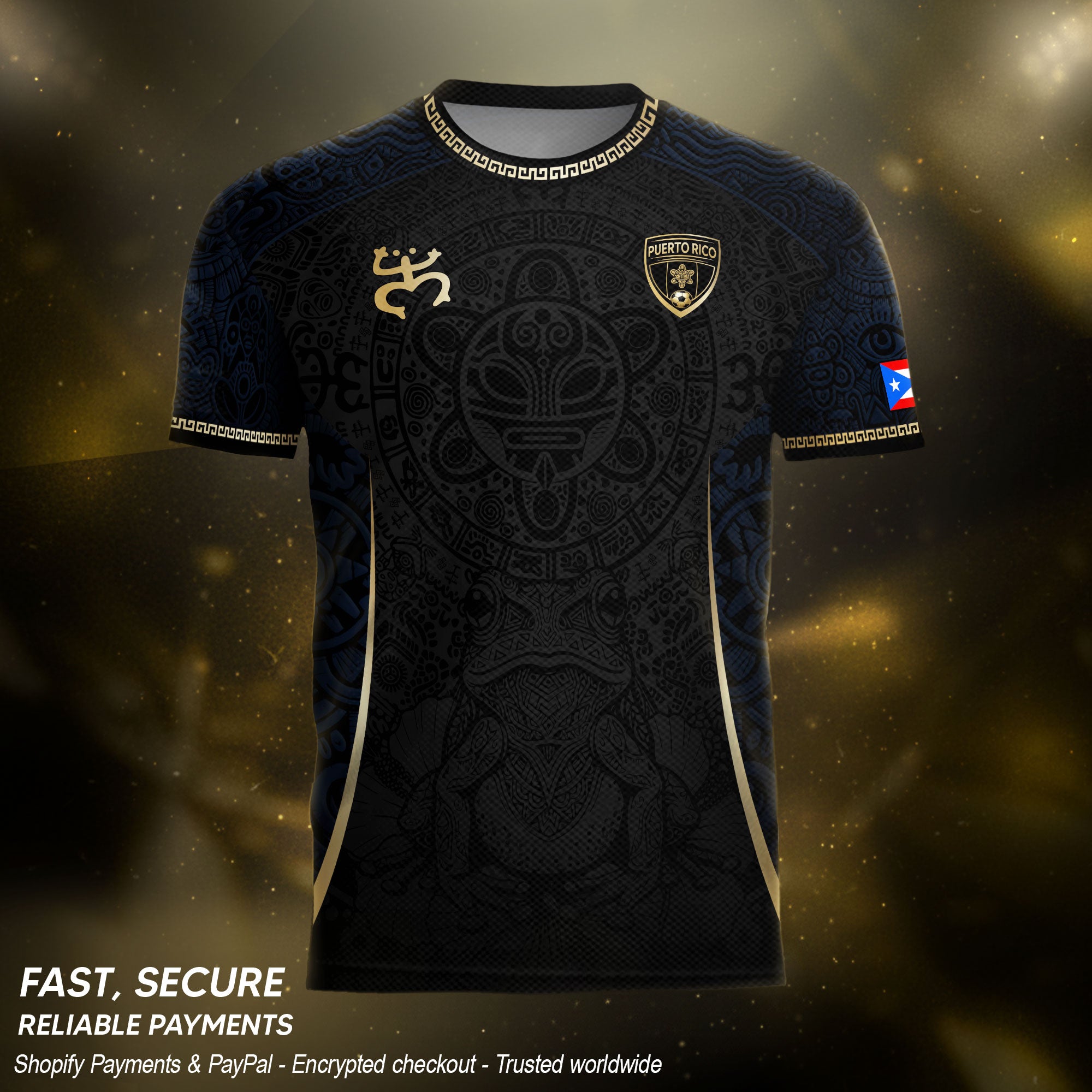 Puerto Rico Soccer Jersey - Elite Navy Gold Taino Symbol Boricua Heritage Apparel