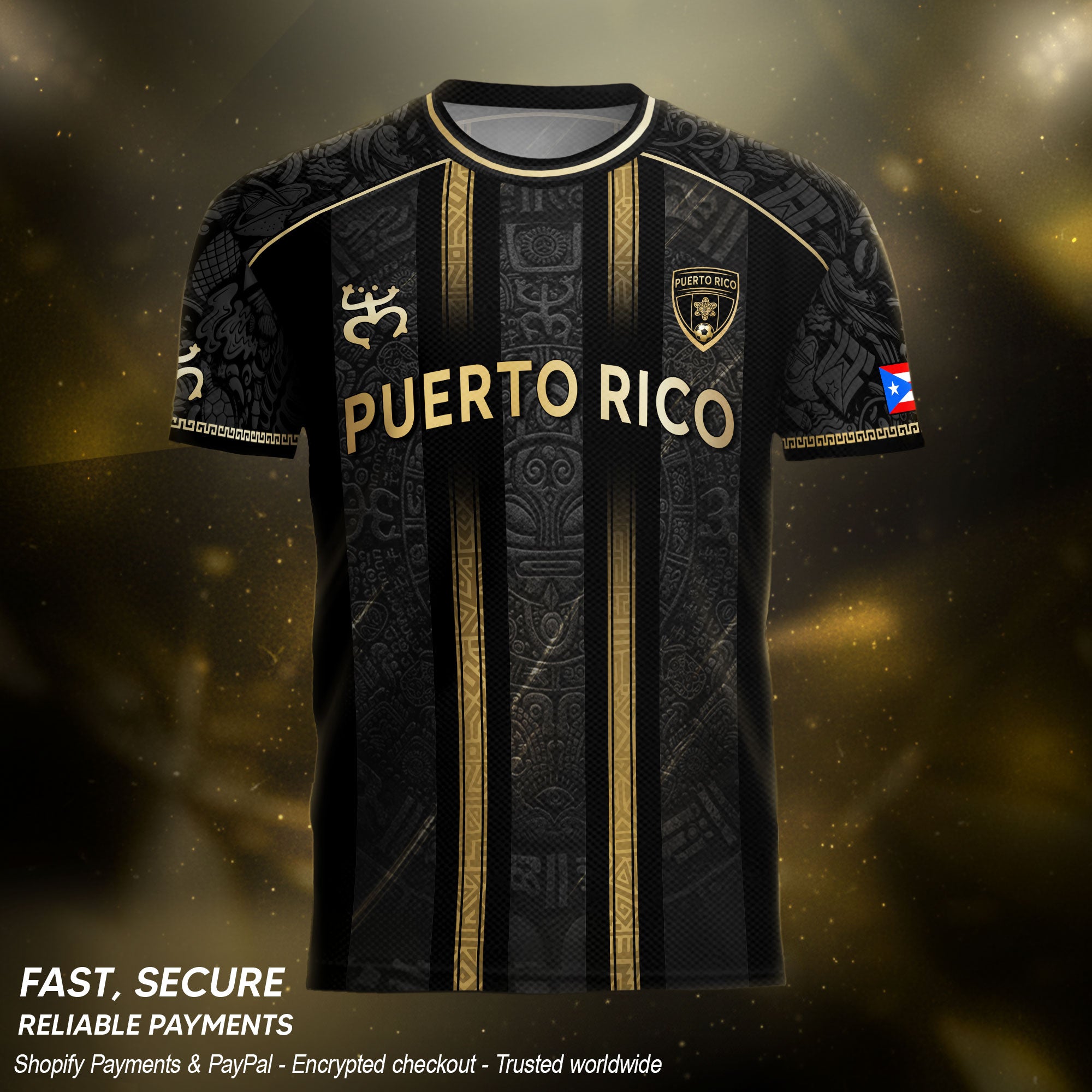 Puerto Rico Soccer Jersey - Black Vertical Stripe Taino Sun Heritage Football Shirt