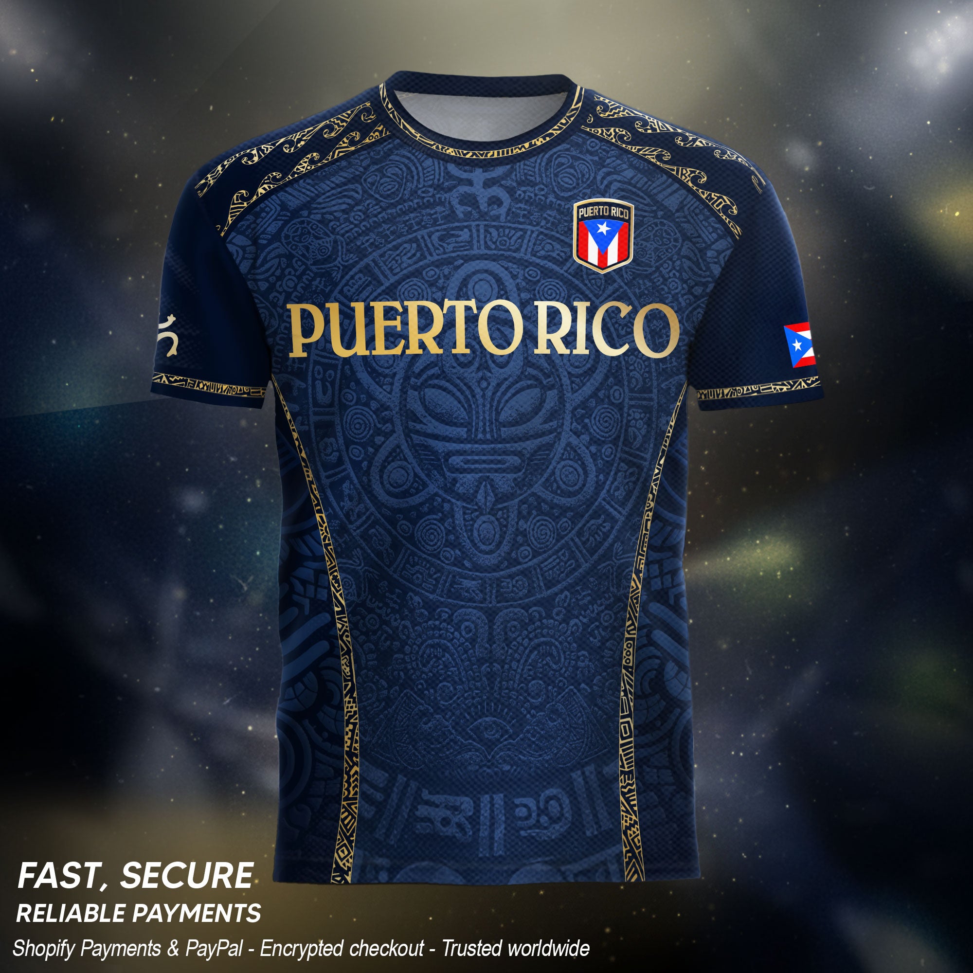 Puerto Rico Soccer Jersey - Navy and Gold Taino Sun Heritage Football Shirt