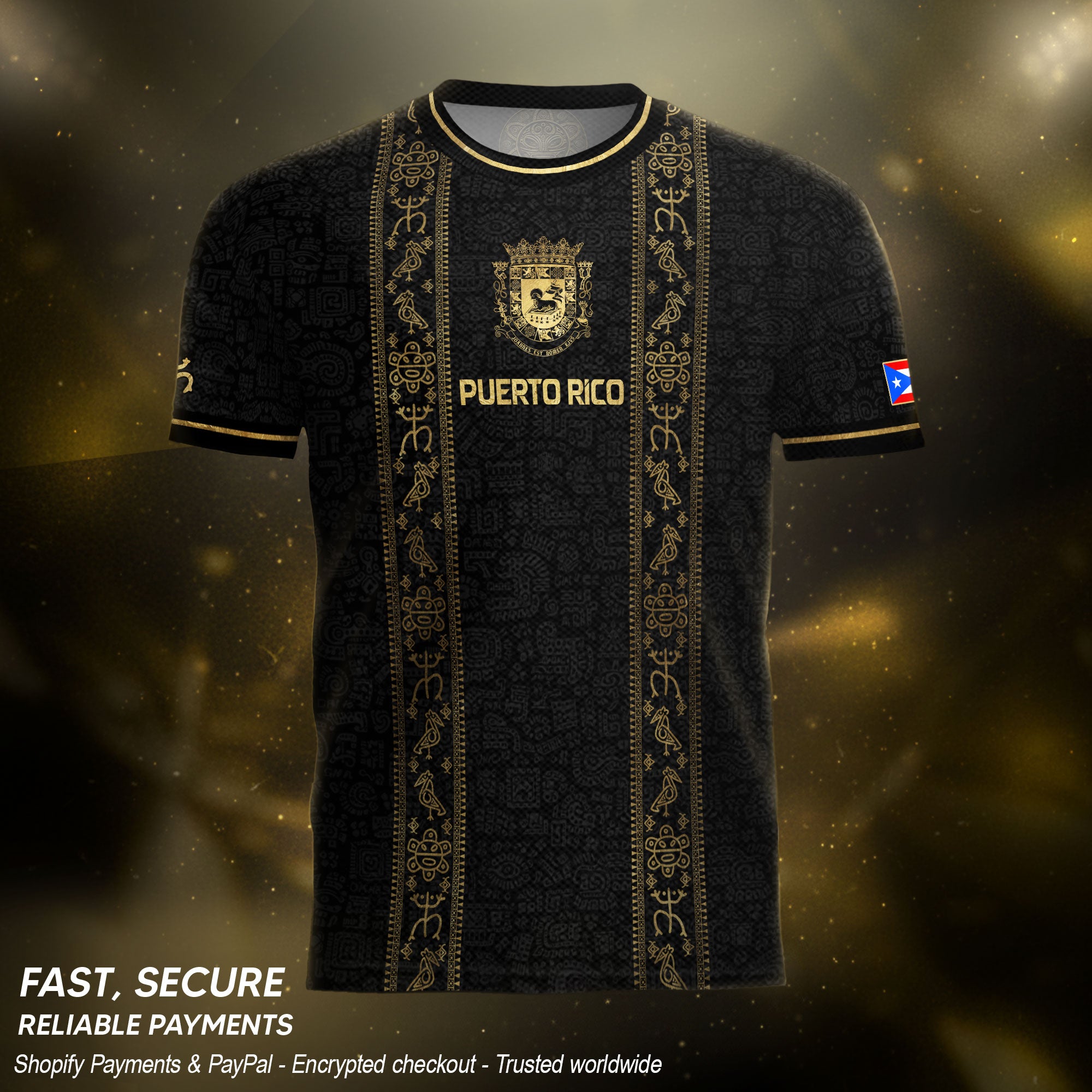 Puerto Rico Soccer Jersey - Coat of Arms & Taino Petroglyphs Black Heritage Shirt