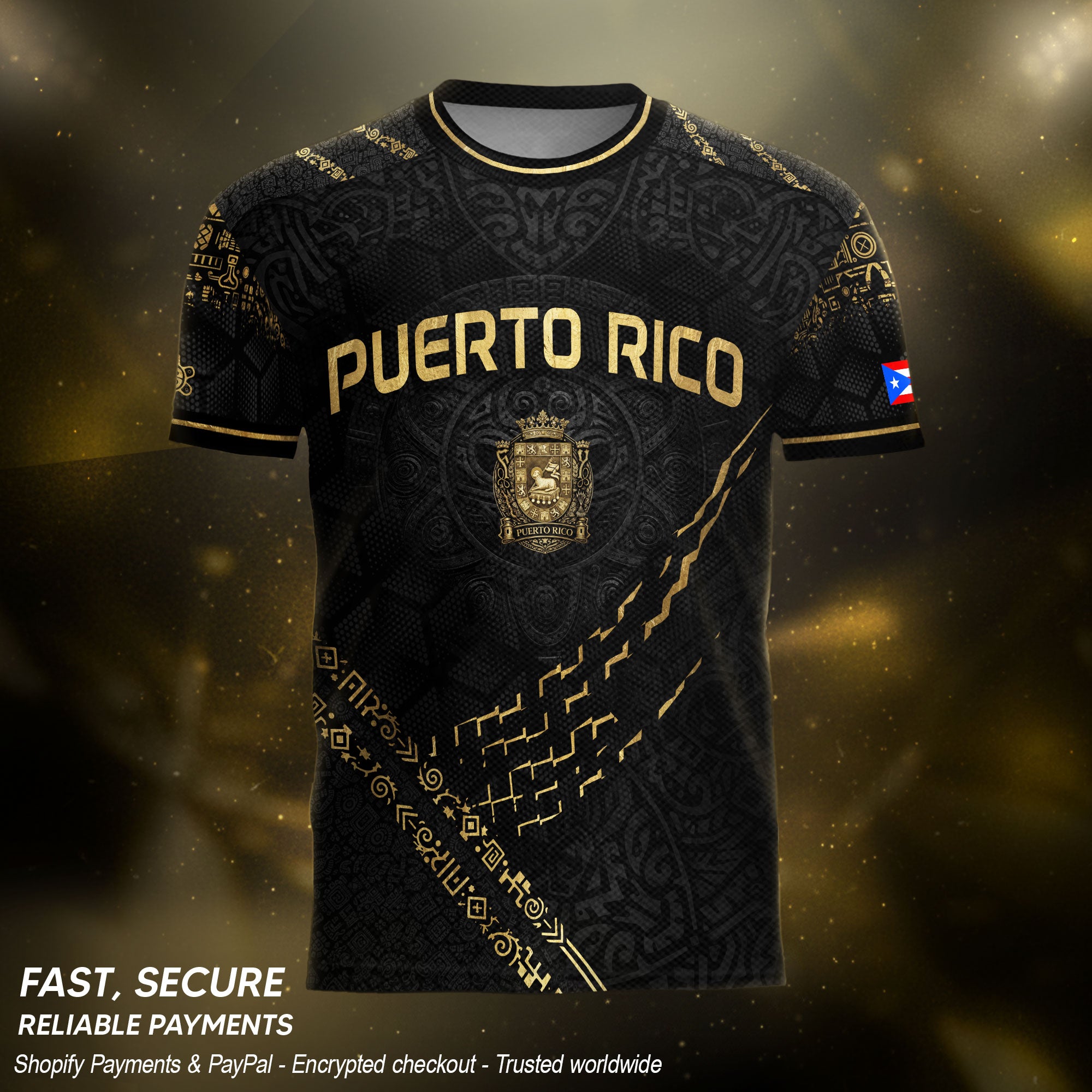 Puerto Rico Soccer Jersey - Elite Black Gold Taino Sun & Shield Heritage Jersey