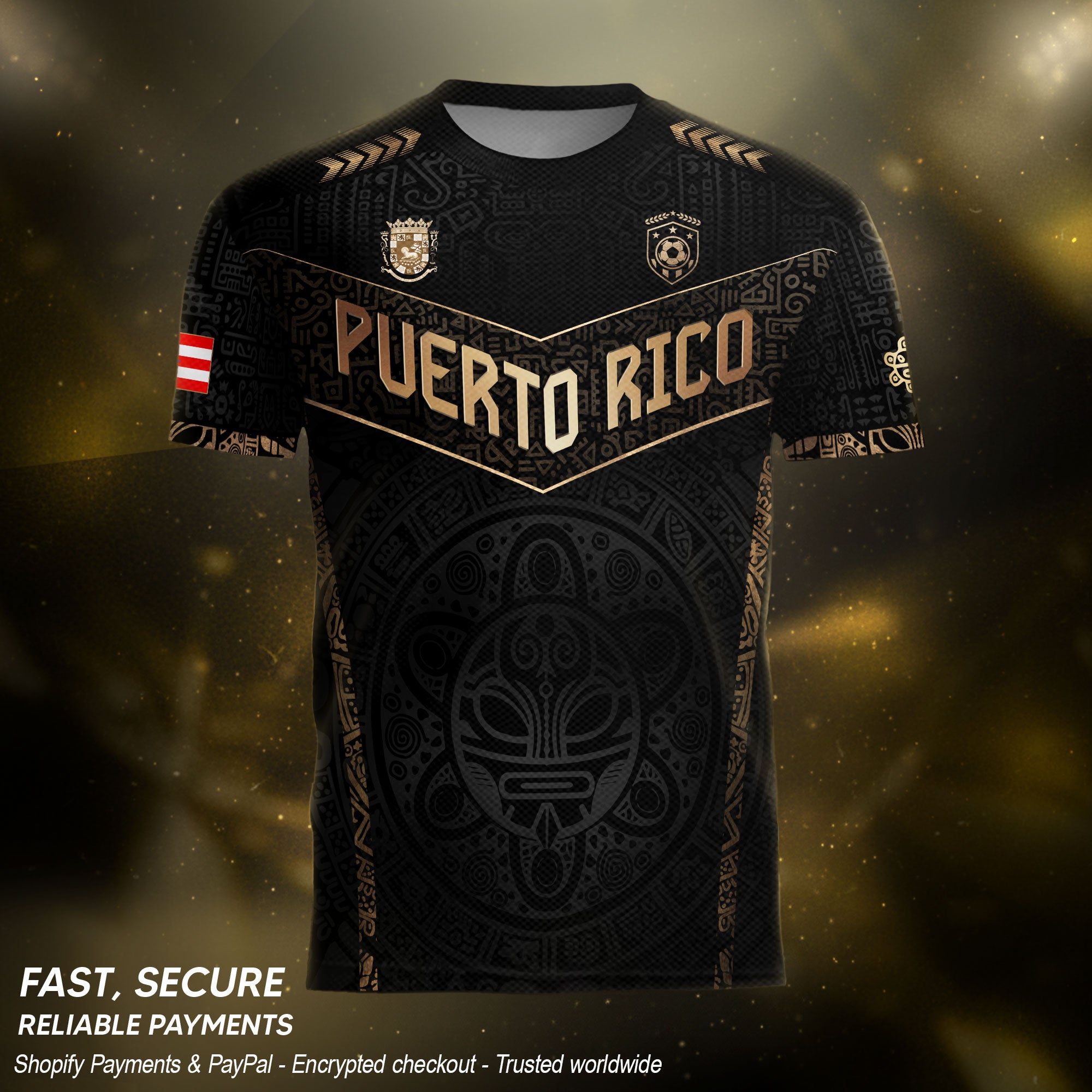 Puerto Rico Soccer Jersey Black Gold - Coquí Frog & Taino Sun - V-Shape Tribal Shirt