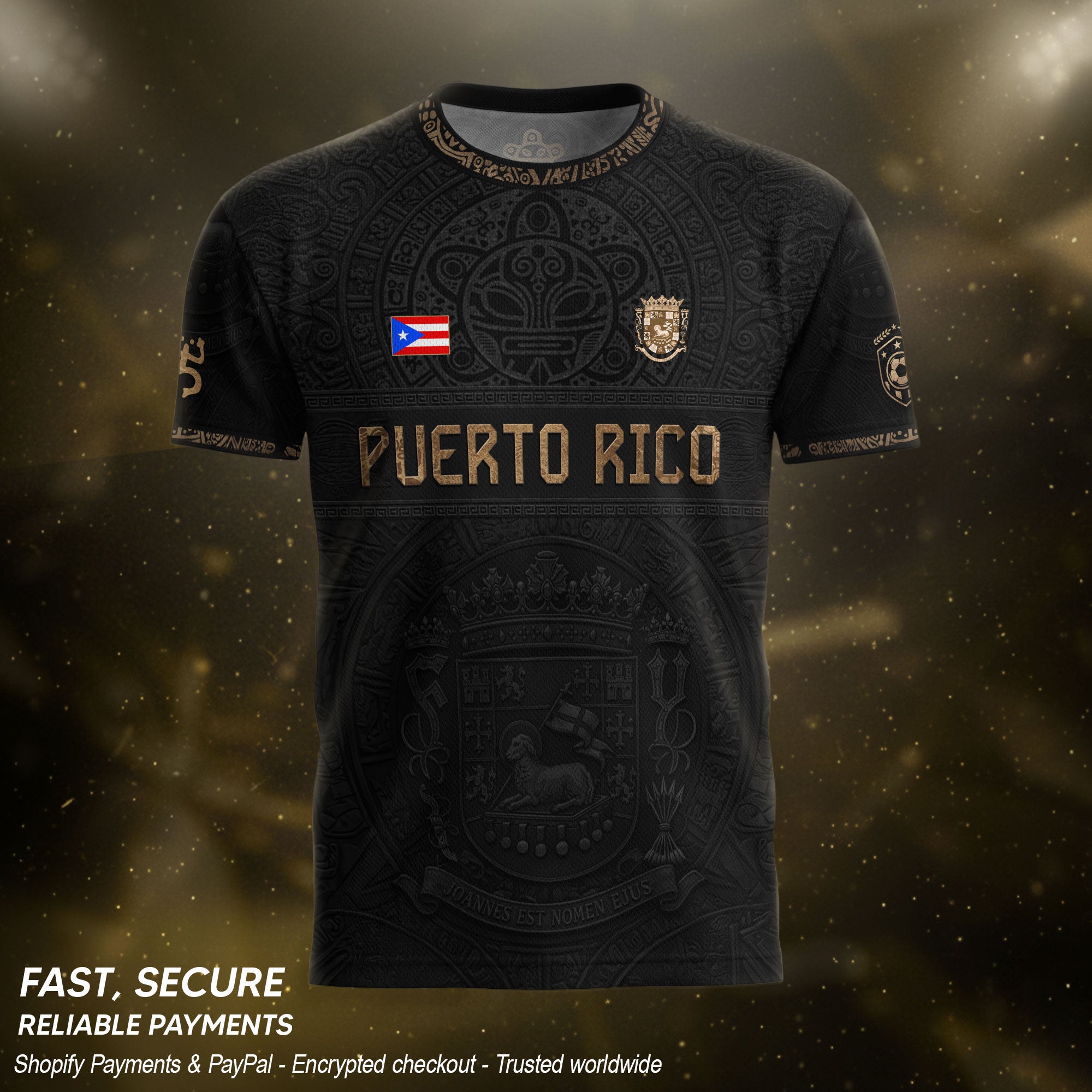 Black Gold Puerto Rico Soccer Jersey Taino Sun & Coat of Arms Football Shirt
