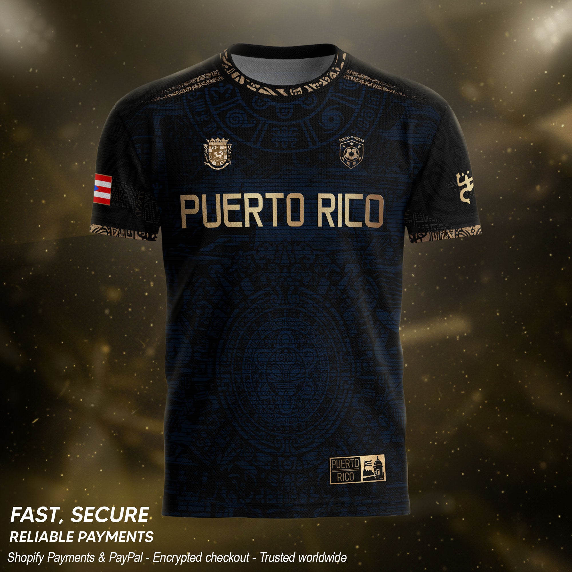 Puerto Rico Soccer Jersey Navy Gold - Taino Sun Calendar Design - Boricua Football Shirt