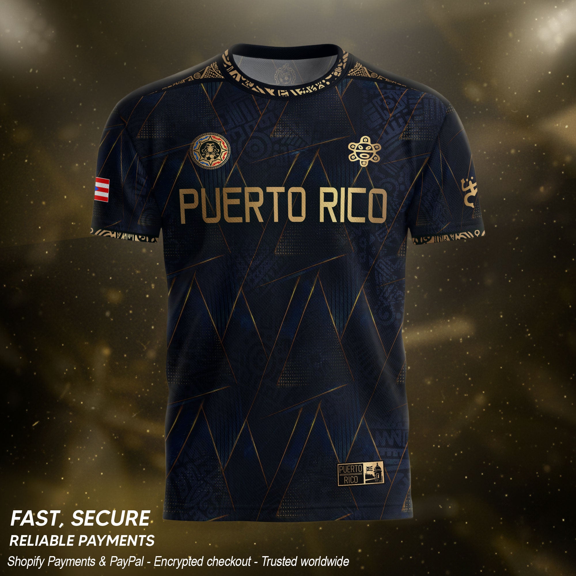 Puerto Rico Soccer Jersey Navy Gold - Geometric Taino Sun Design - Boricua Football Shirt