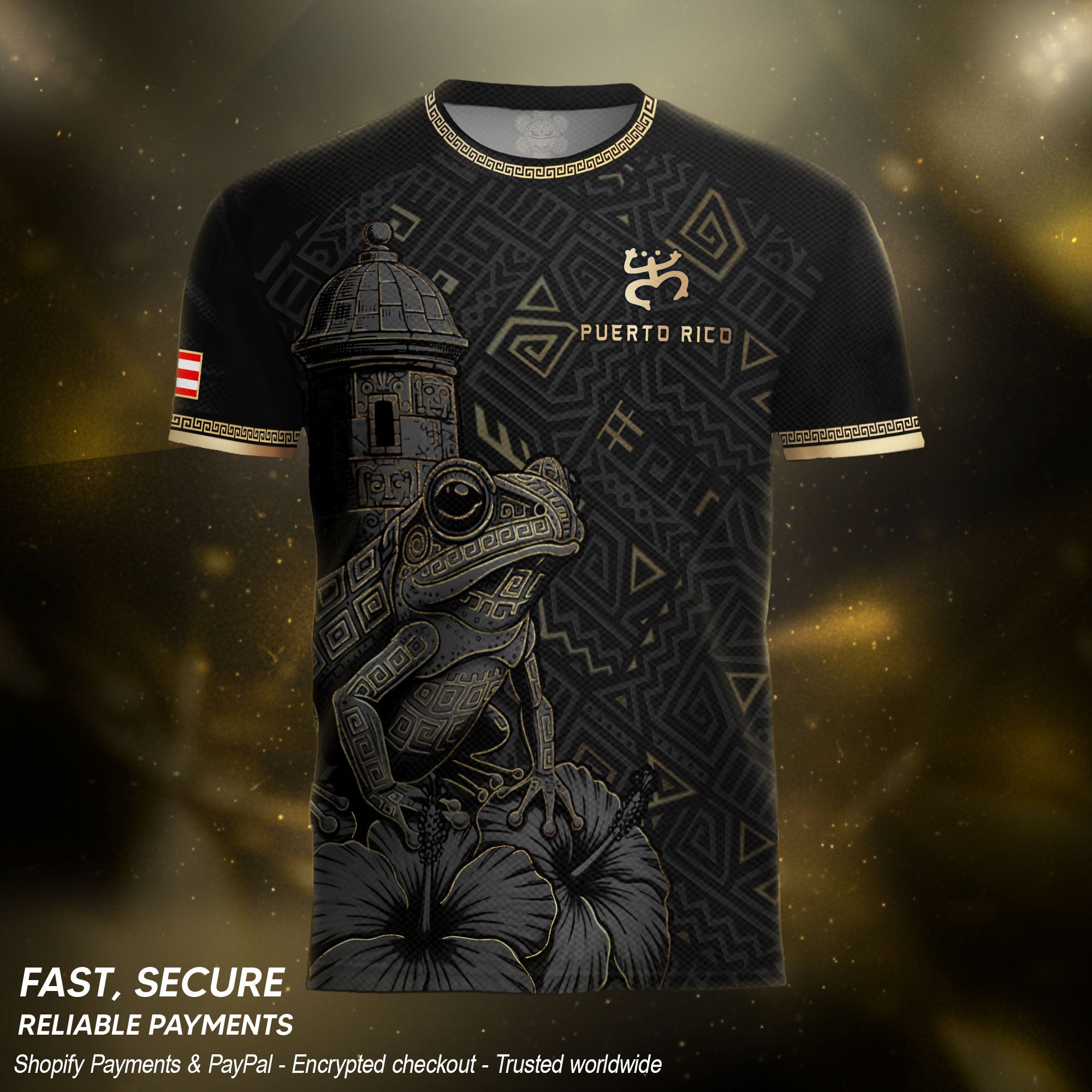 Puerto Rico Soccer Jersey Black Gold Coqui Frog Taino Pattern Patriotic