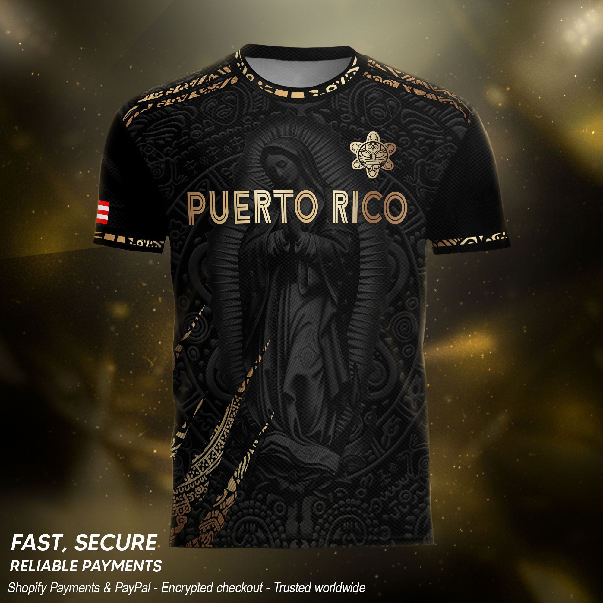 Puerto Rico Soccer Jersey Virgin Mary Guadalupe Taino Pattern Black Gold