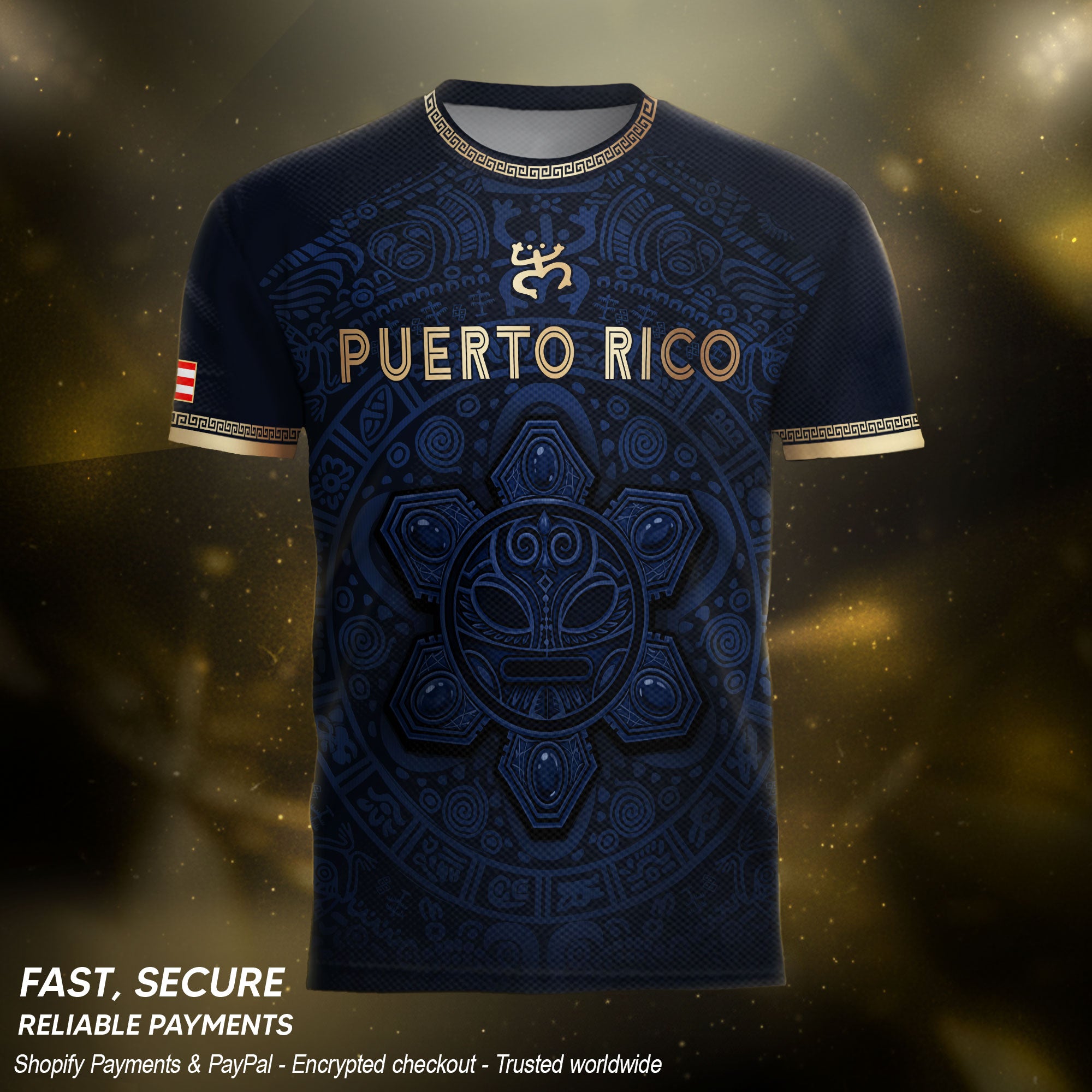 Puerto Rico Soccer Jersey Navy Gold Taino Sun Pattern National Pride Gear