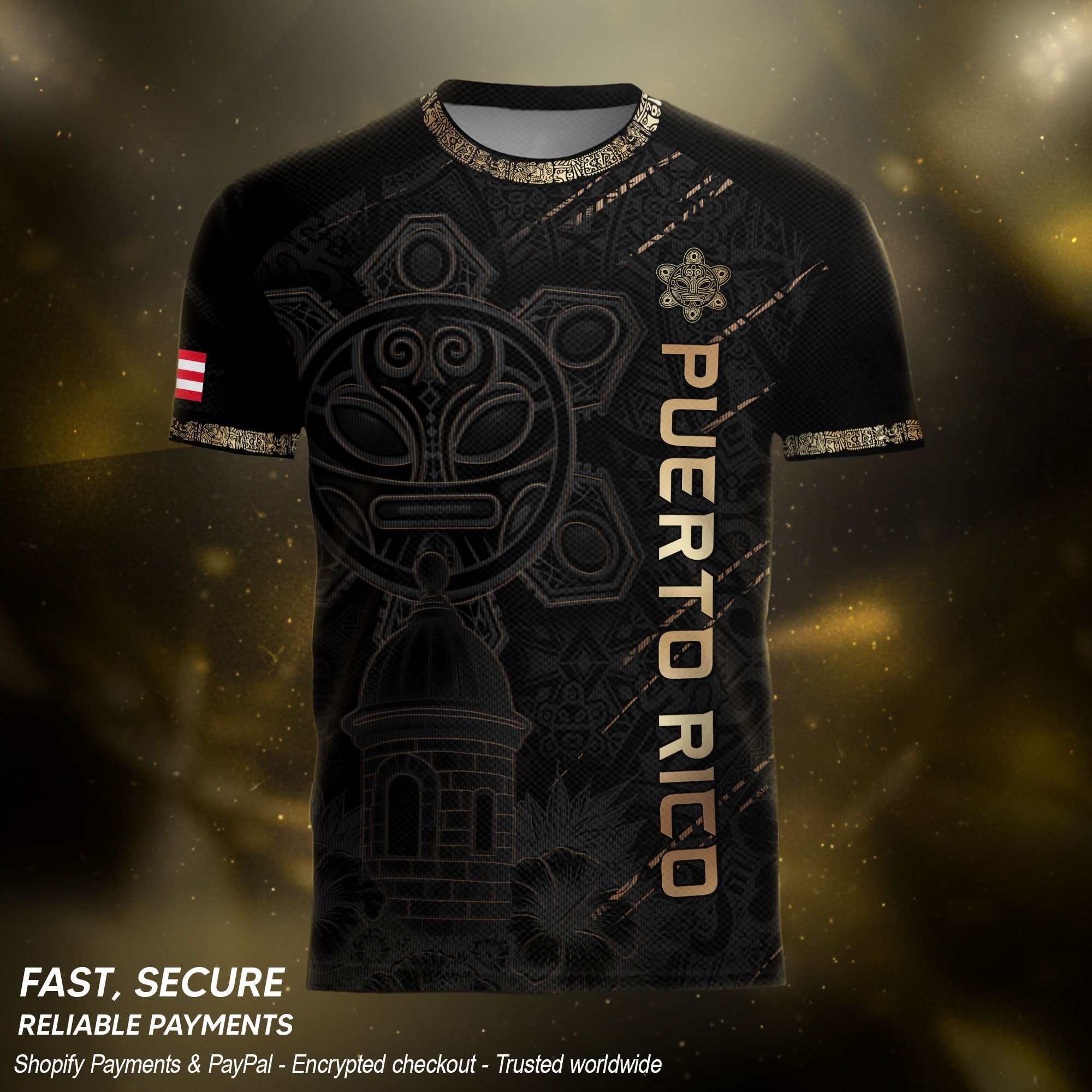 Puerto Rico Soccer Jersey Black Gold Taino Art Patriotic Fan Shirt