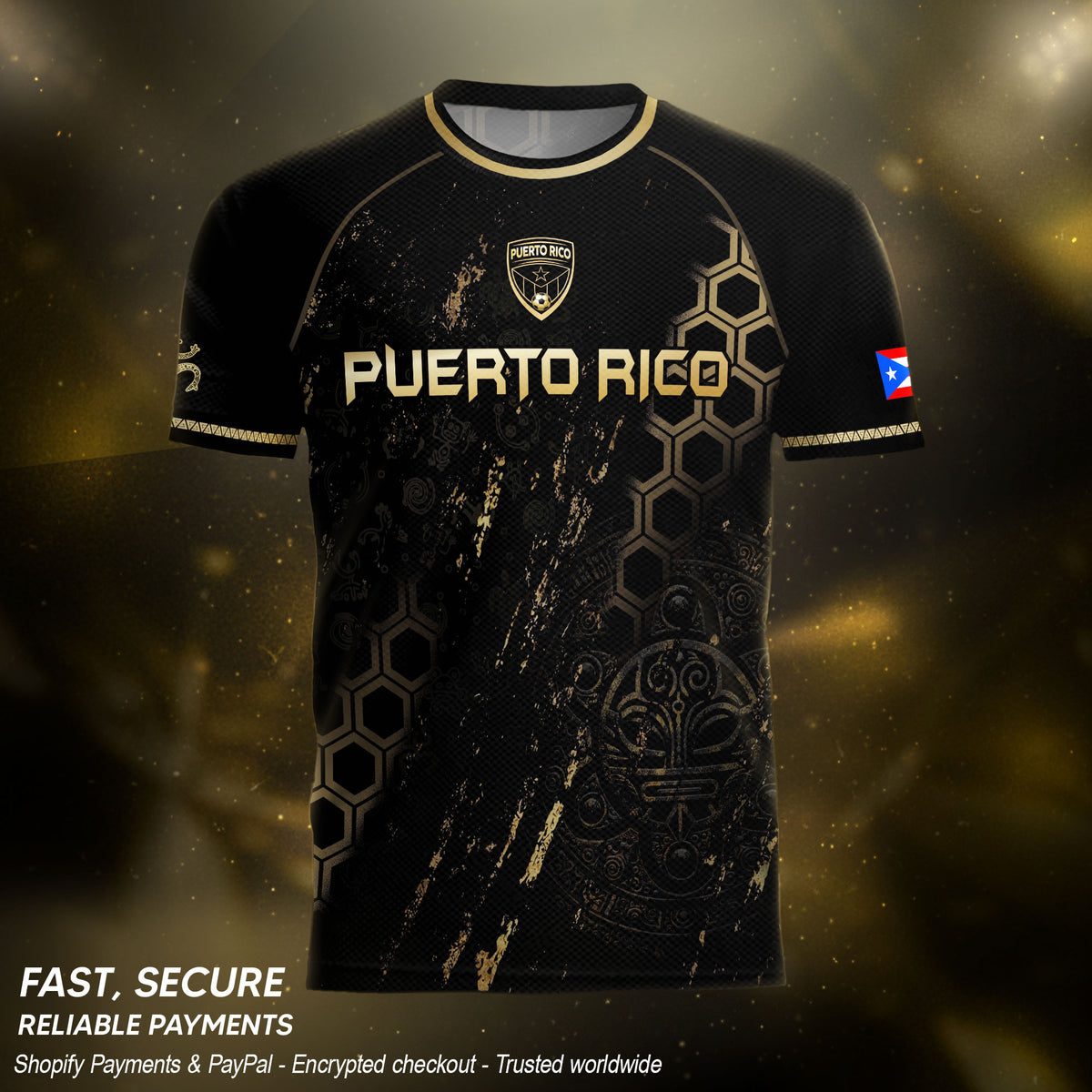 Puerto Rico Heritage Black Gold Coqui Frog Graphic Taino Mask Pride Soccer Jersey