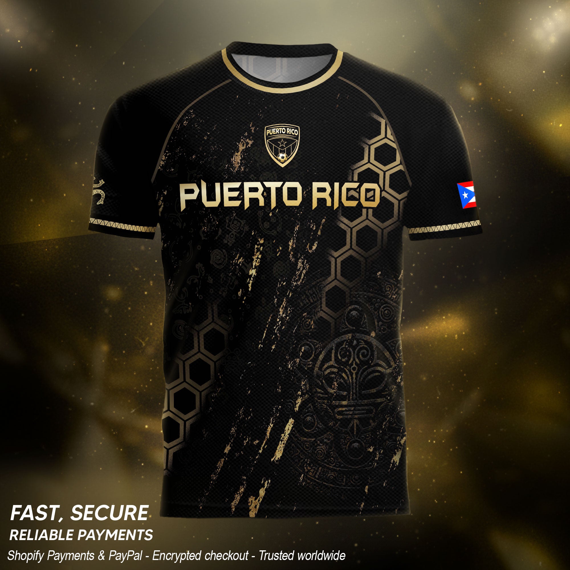 Puerto Rico Heritage Black Gold Coqui Frog Graphic Taino Mask Pride Soccer Jersey