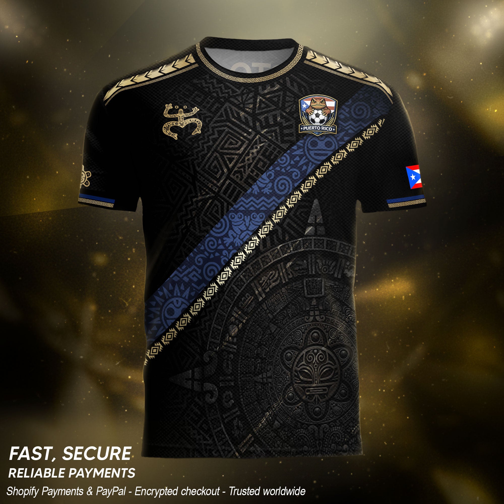 Puerto Rico Heritage Black Sash Graphic Gold Pattern Boricua Pride Soccer Jersey