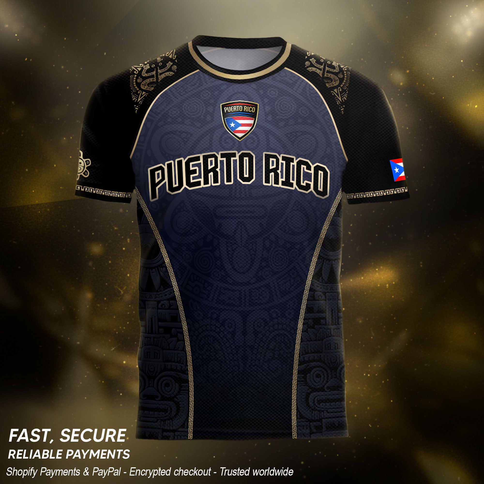 Puerto Rico Heritage Navy Gold Taino Graphic Pattern Coqui Pride Soccer Jersey
