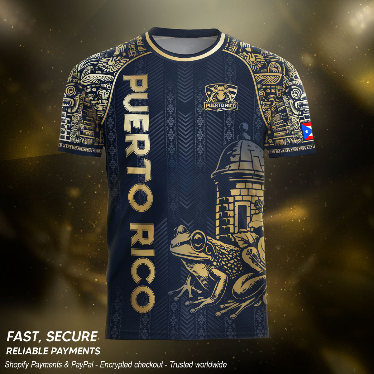 Puerto Rico Heritage Navy Gold Island Spirit Coqui Frog El Morro Graphic Pride Soccer Jersey