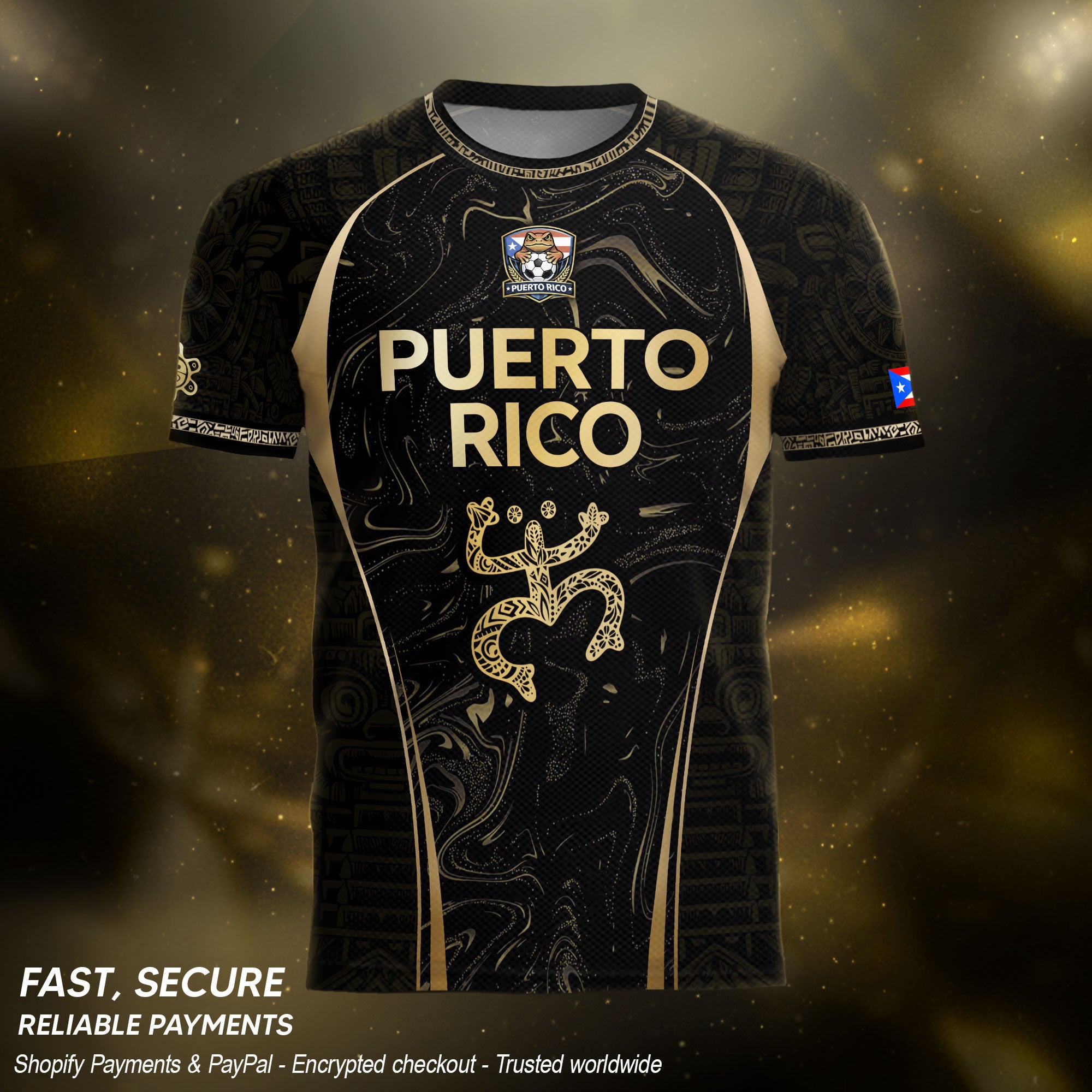 Puerto Rico Heritage Black Gold Coqui Taino Graphic Marble Pattern Pride Soccer Jersey