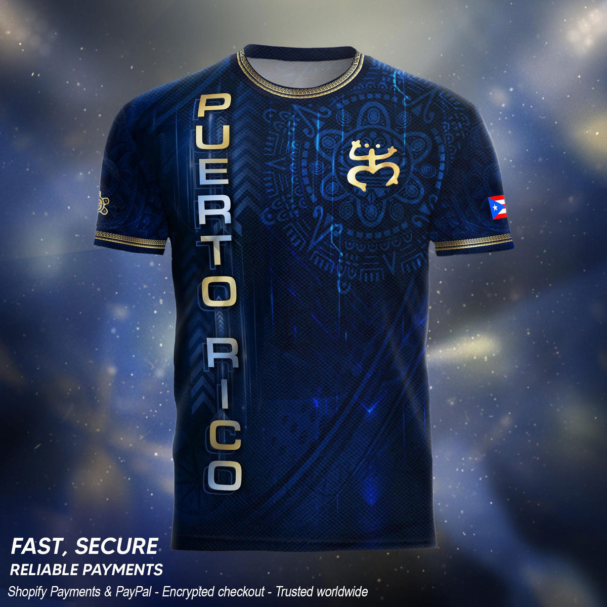 Puerto Rico Heritage Orgullo Boricua Navy Gold Detailed Island Map Coqui Soccer Jersey