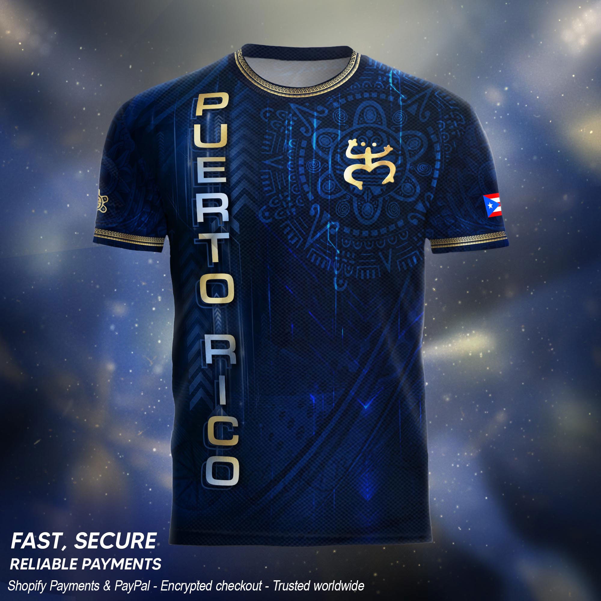 Puerto Rico Heritage Orgullo Boricua Navy Gold Detailed Island Map Coqui Soccer Jersey