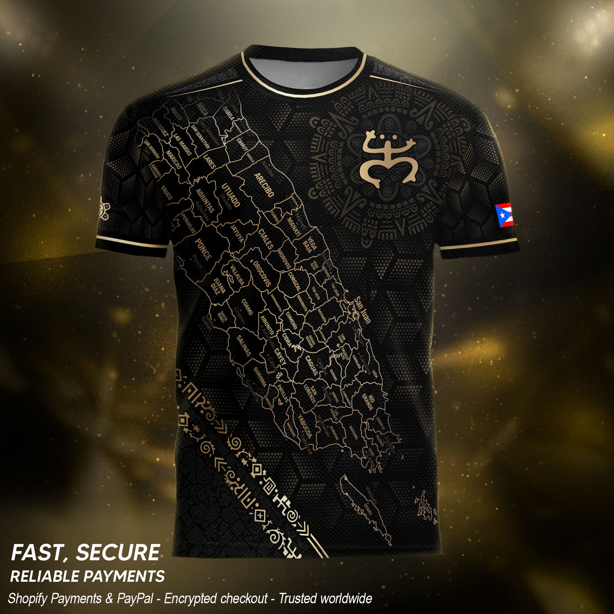 Puerto Rico Heritage Orgullo Boricua Black Gold Detailed Island Map Coqui Soccer Jersey