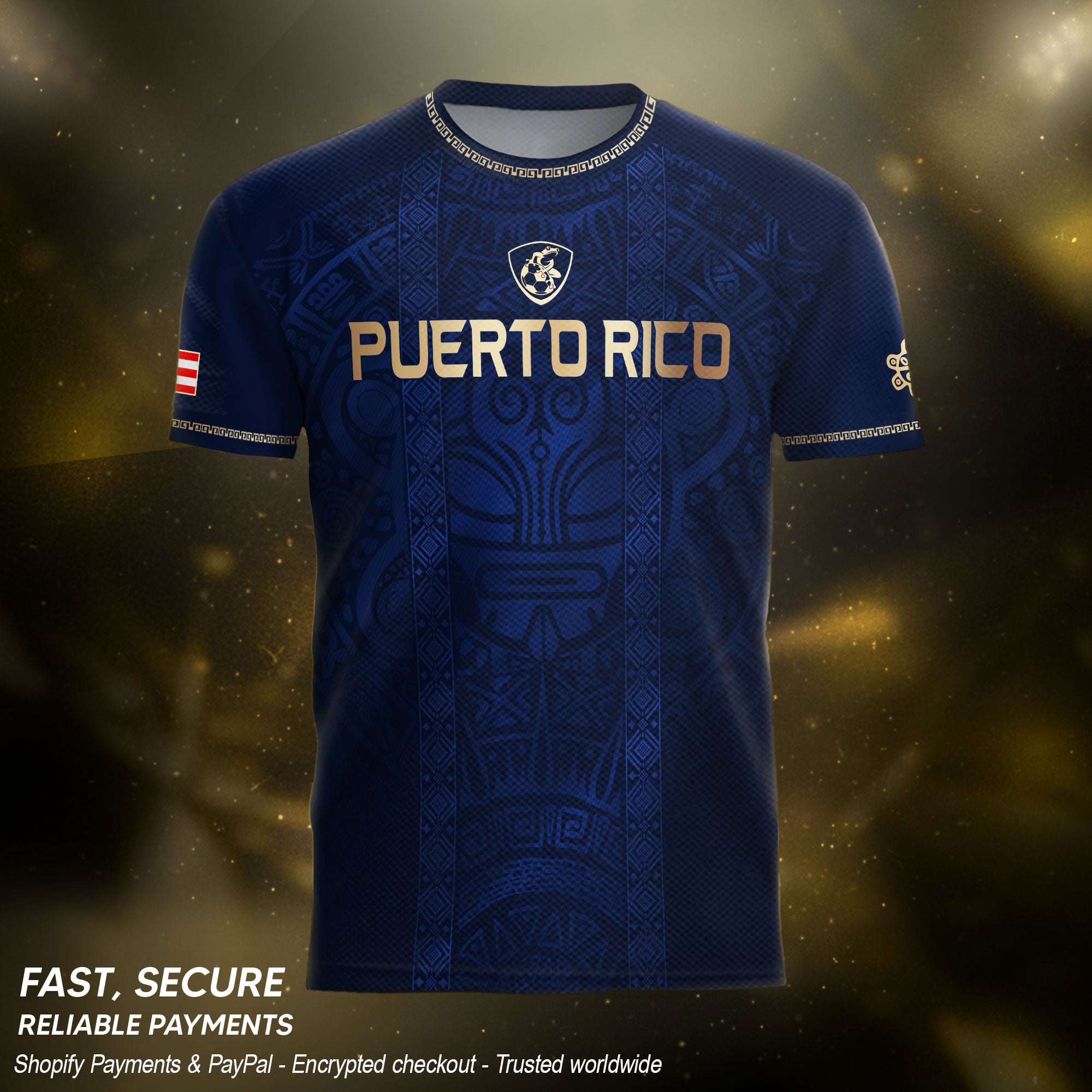 Camiseta de fútbol con máscara taína boricua azul marino de Puerto Rico, bandera tribal, orgullo nacional