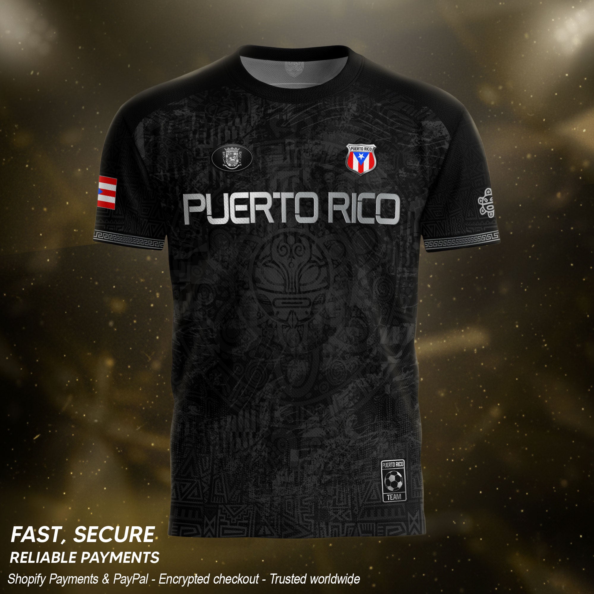 Black Puerto Rico Soccer Jersey Taino Tribal Design & Coqui Emblem Edition