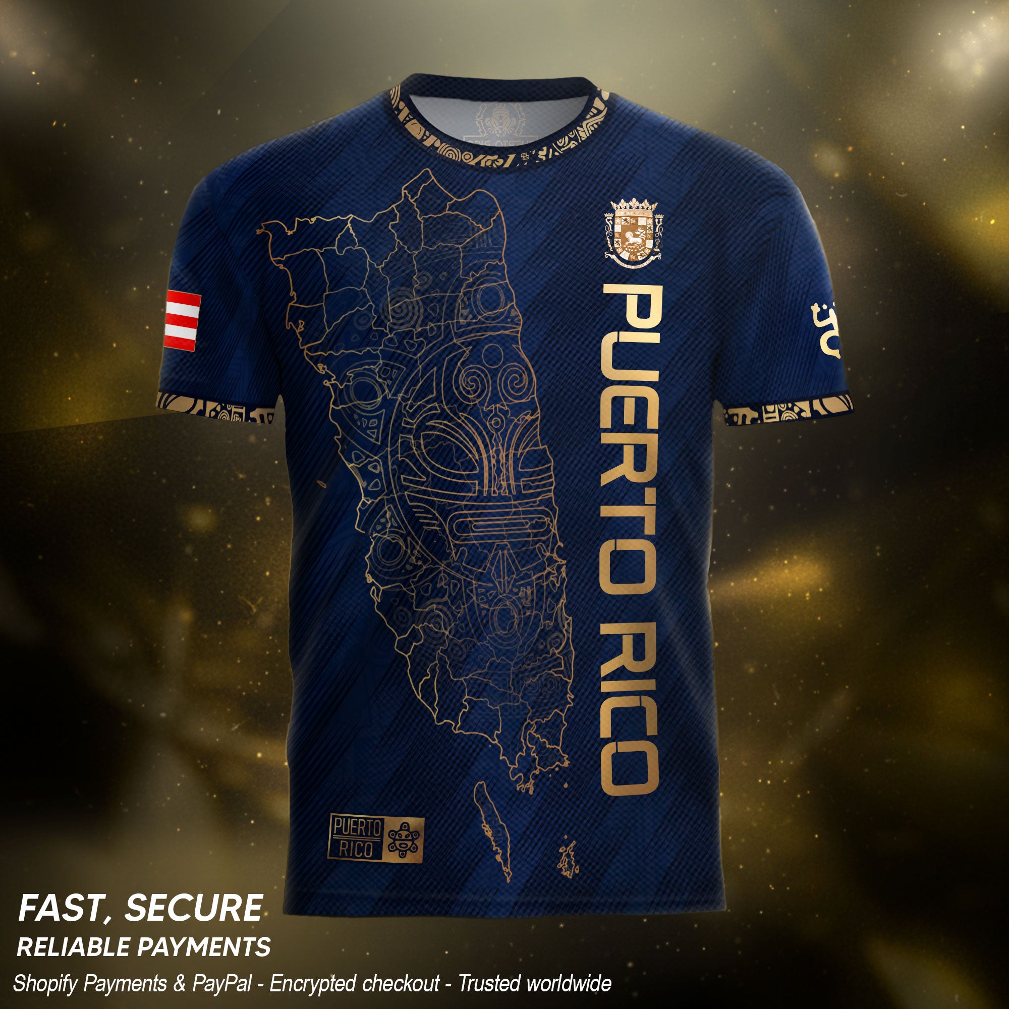 Puerto Rico Soccer Jersey Navy Gold - Puerto Rico Map & Coat of Arms Edition Football Shirt