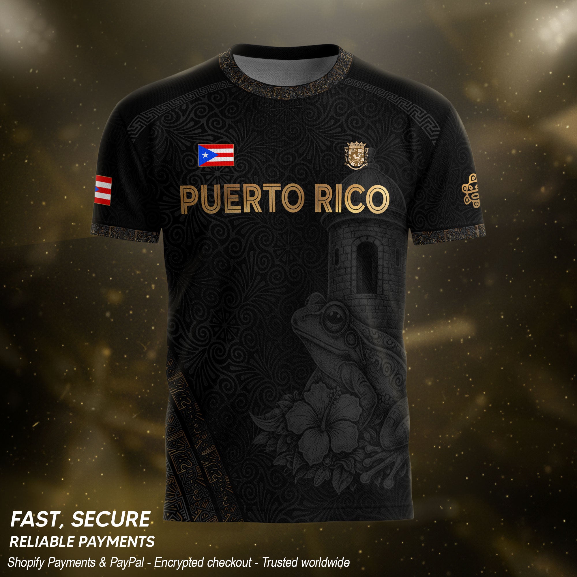 Puerto Rico Soccer Jersey - El Morro & Coqui Frog Design - Taino Sun Tribal Black Gold