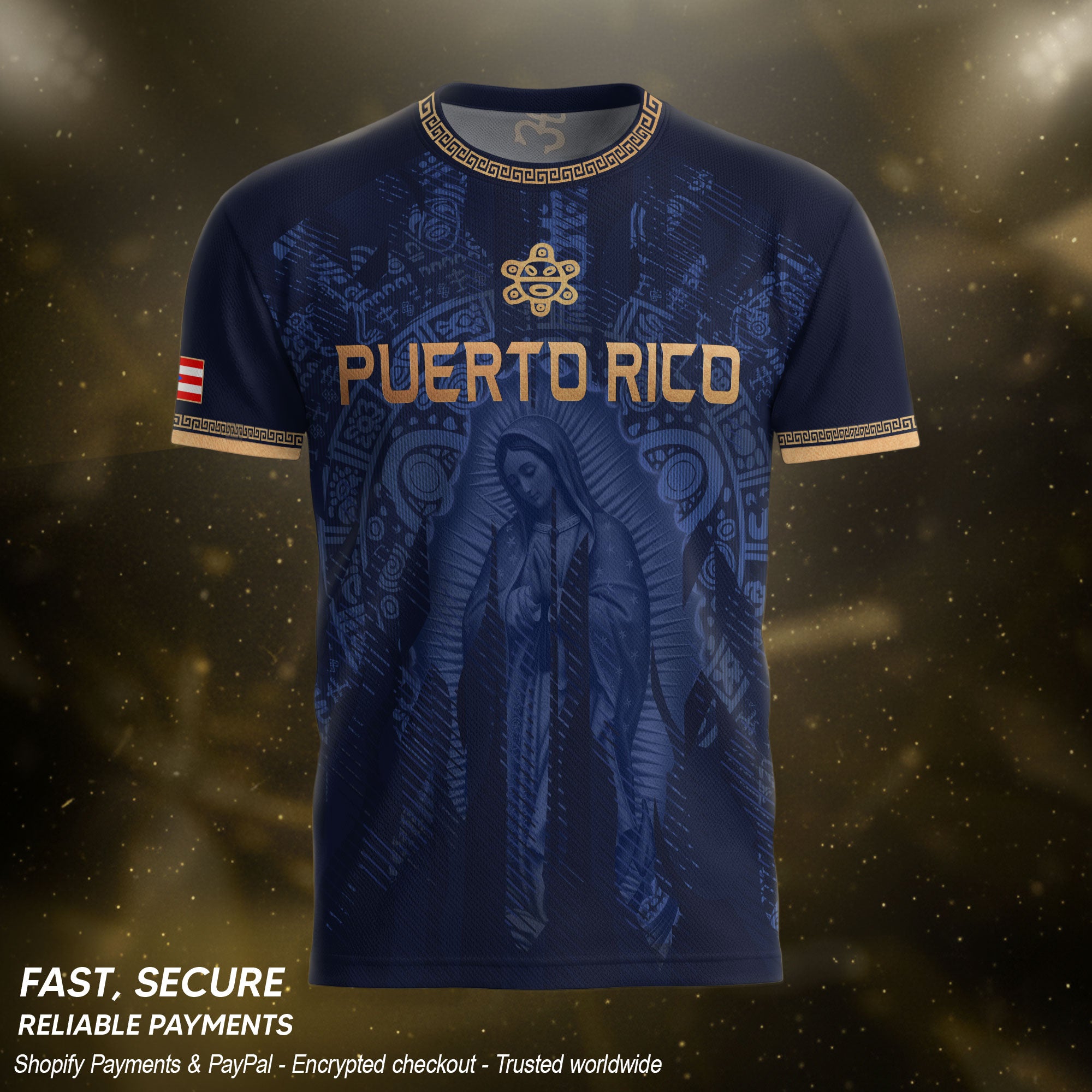 Puerto Rico Jersey Virgin Mary Navy Gold Catholic Faith Taino Symbols Boricua Pride