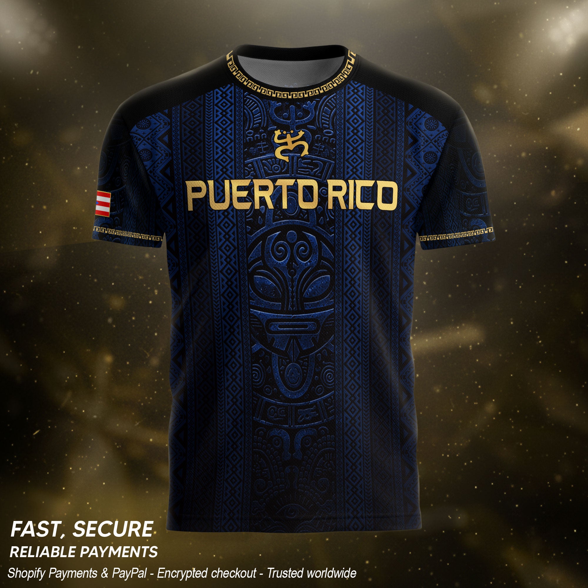 Camiseta de fútbol con máscara taína boricua azul marino de Puerto Rico, bandera tribal, orgullo nacional