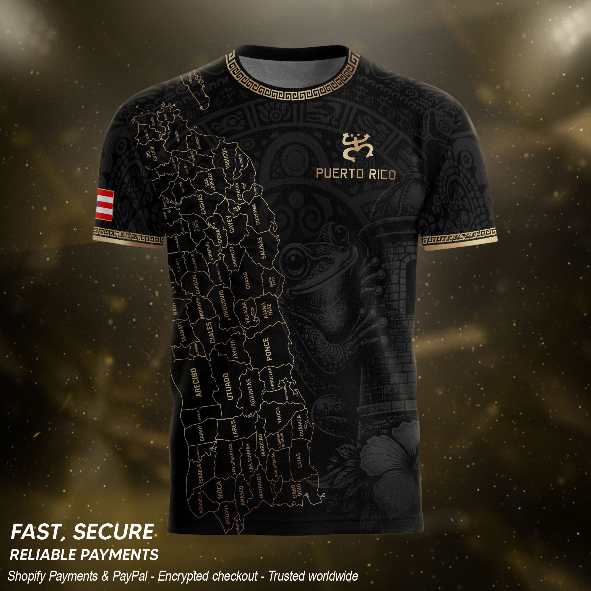 Puerto Rico Soccer Jersey Black Gold Taino Coqui Frog Map Boricua Football Shirt