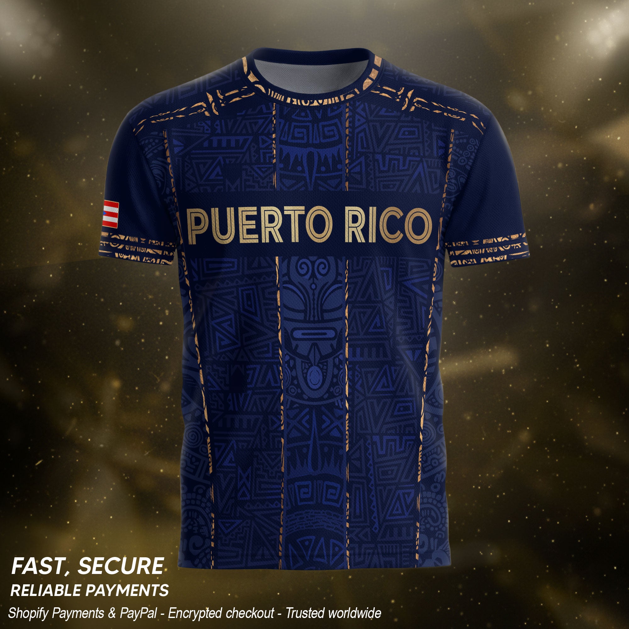 Camiseta de fútbol con máscara taína boricua azul marino de Puerto Rico, bandera tribal, orgullo nacional