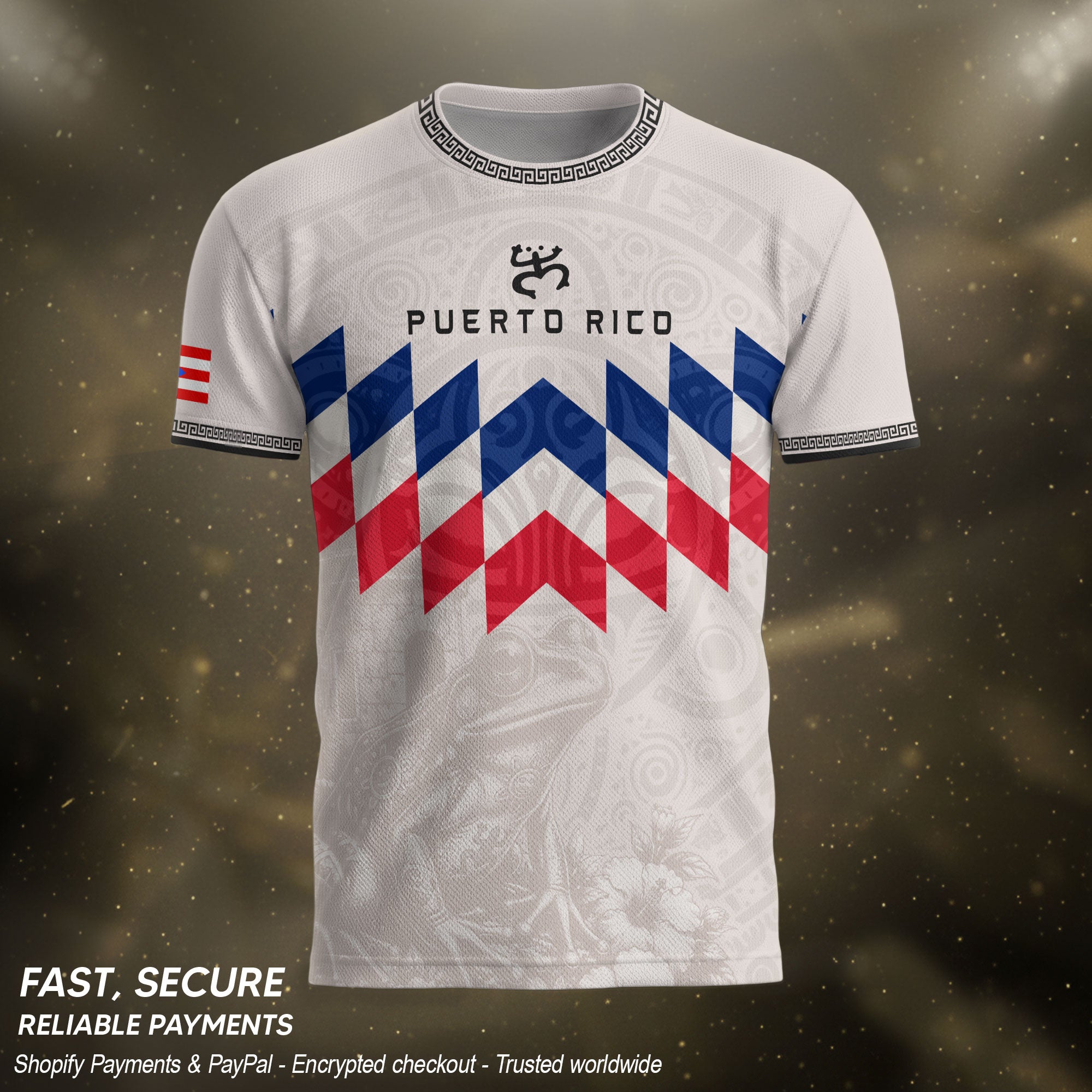 Puerto Rico Soccer Jersey Beige Red Blue Geometric Coqui Tribal Pride Apparel