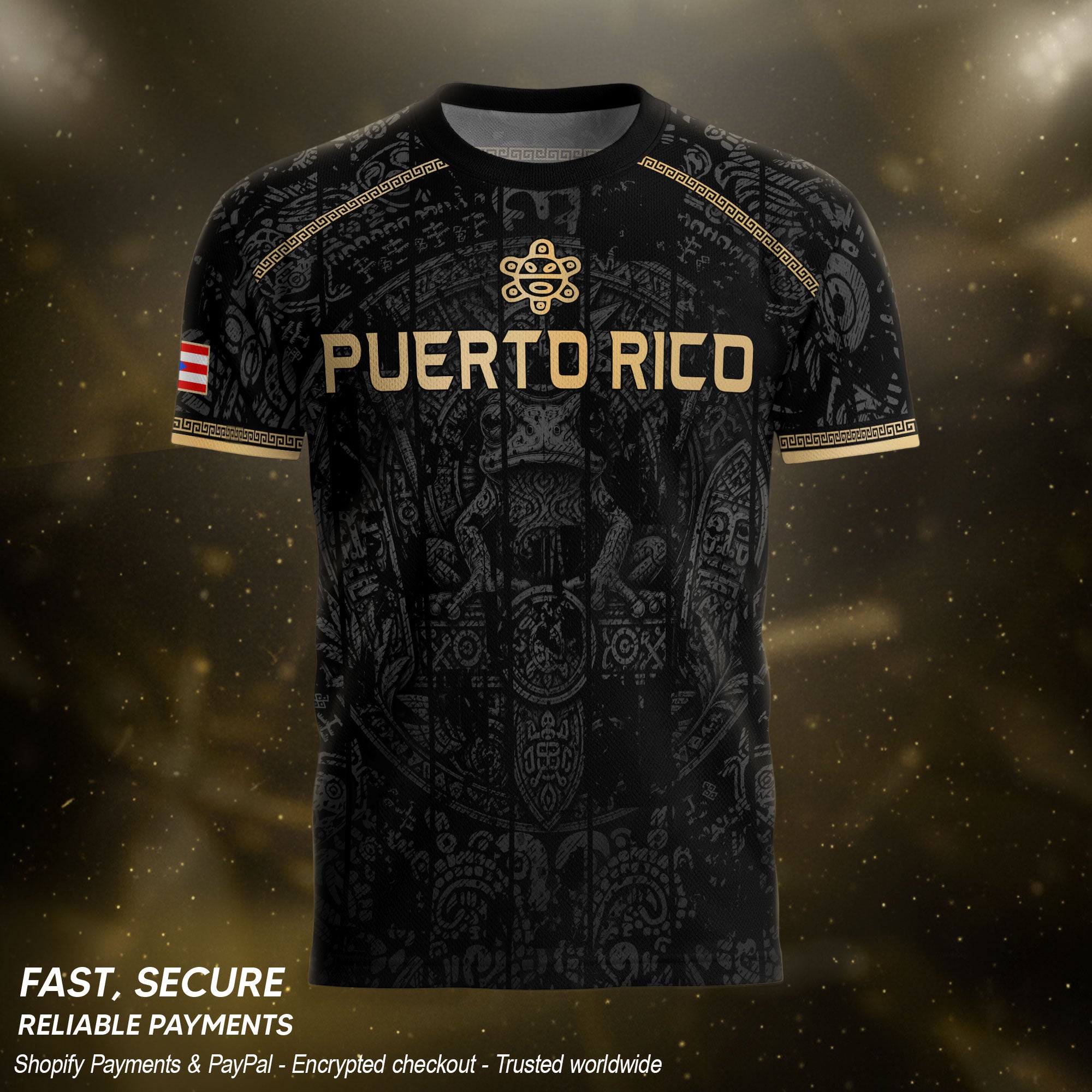 Puerto Rico Soccer Jersey Taino Turtle Coqui Frog Gold Graphic Tee Black Heritage