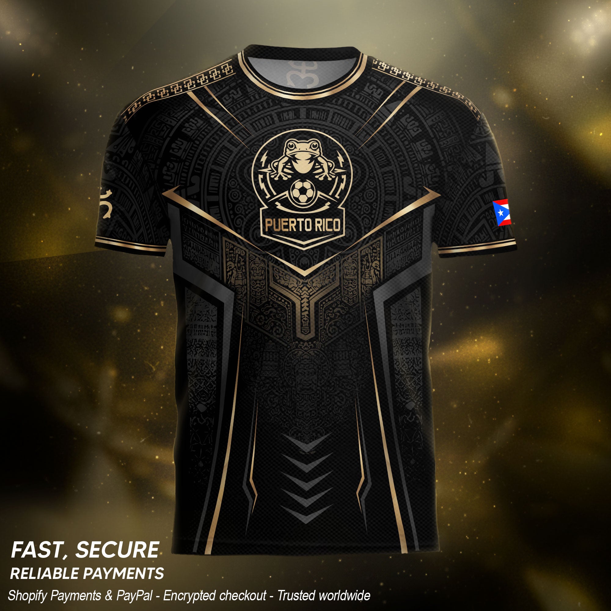 Black Puerto Rico Soccer Jersey Gold Coquí Frog Crest - Taino Sun Tribal Football Shirt