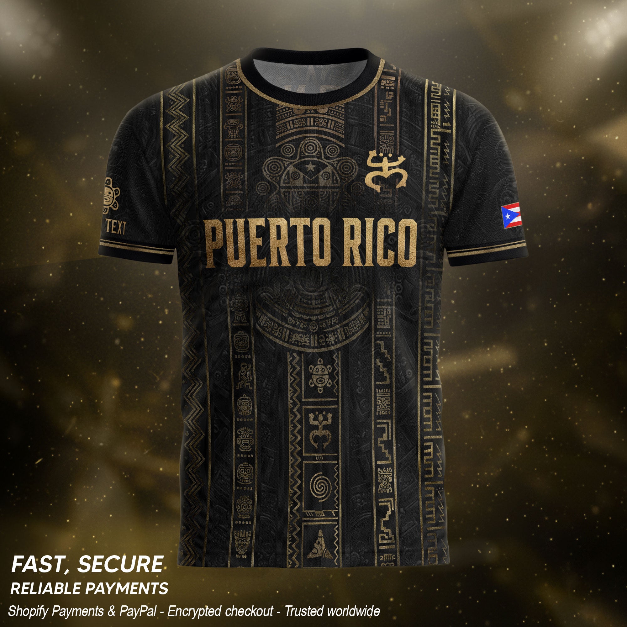 Puerto Rico Soccer Jersey Taino Petroglyph Black Gold Personalized Football Shirt