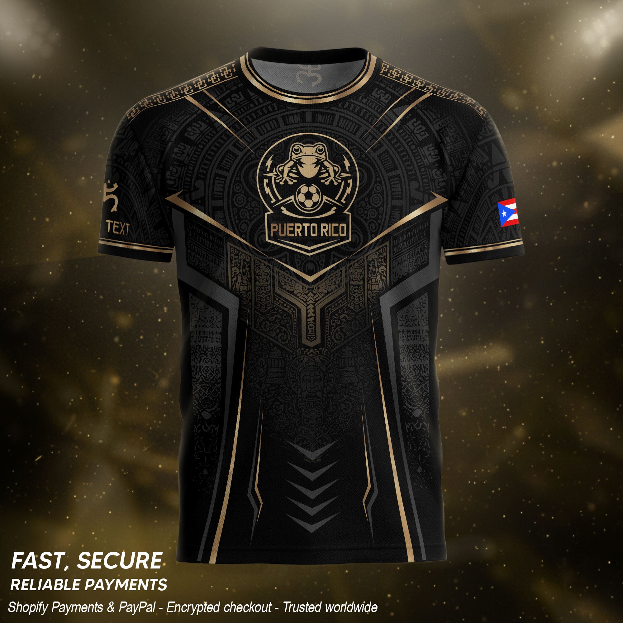 Custom Black Puerto Rico Soccer Jersey Taino Coqui Gold Frog Football Shirt
