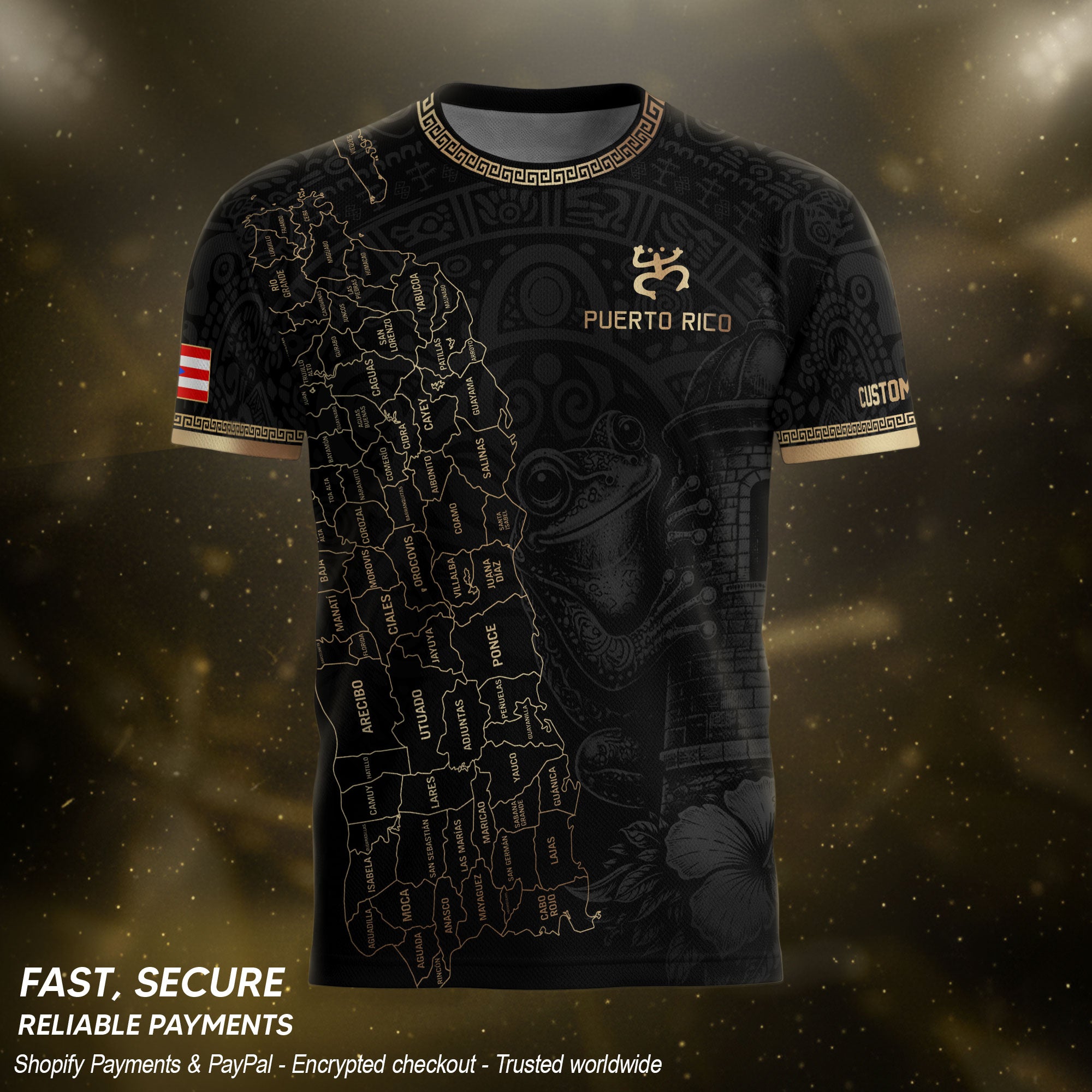 Custom Puerto Rico Soccer Jersey Black Gold Towns Map Coqui Frog Men Women Gift