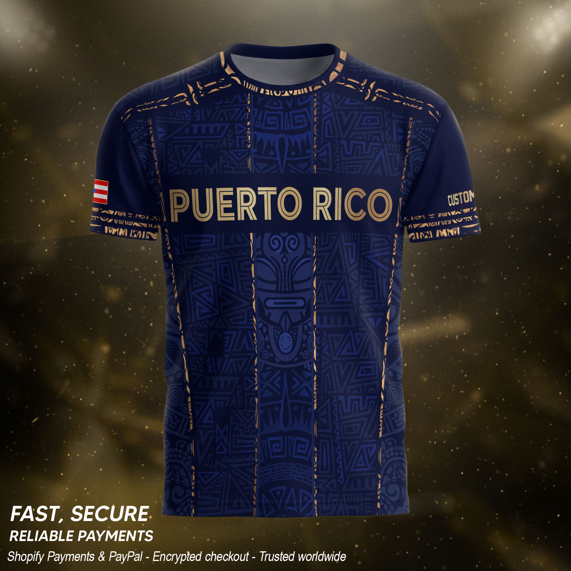 Custom Puerto Rico Soccer Jersey Navy Gold Taino Symbols Boricua Pride