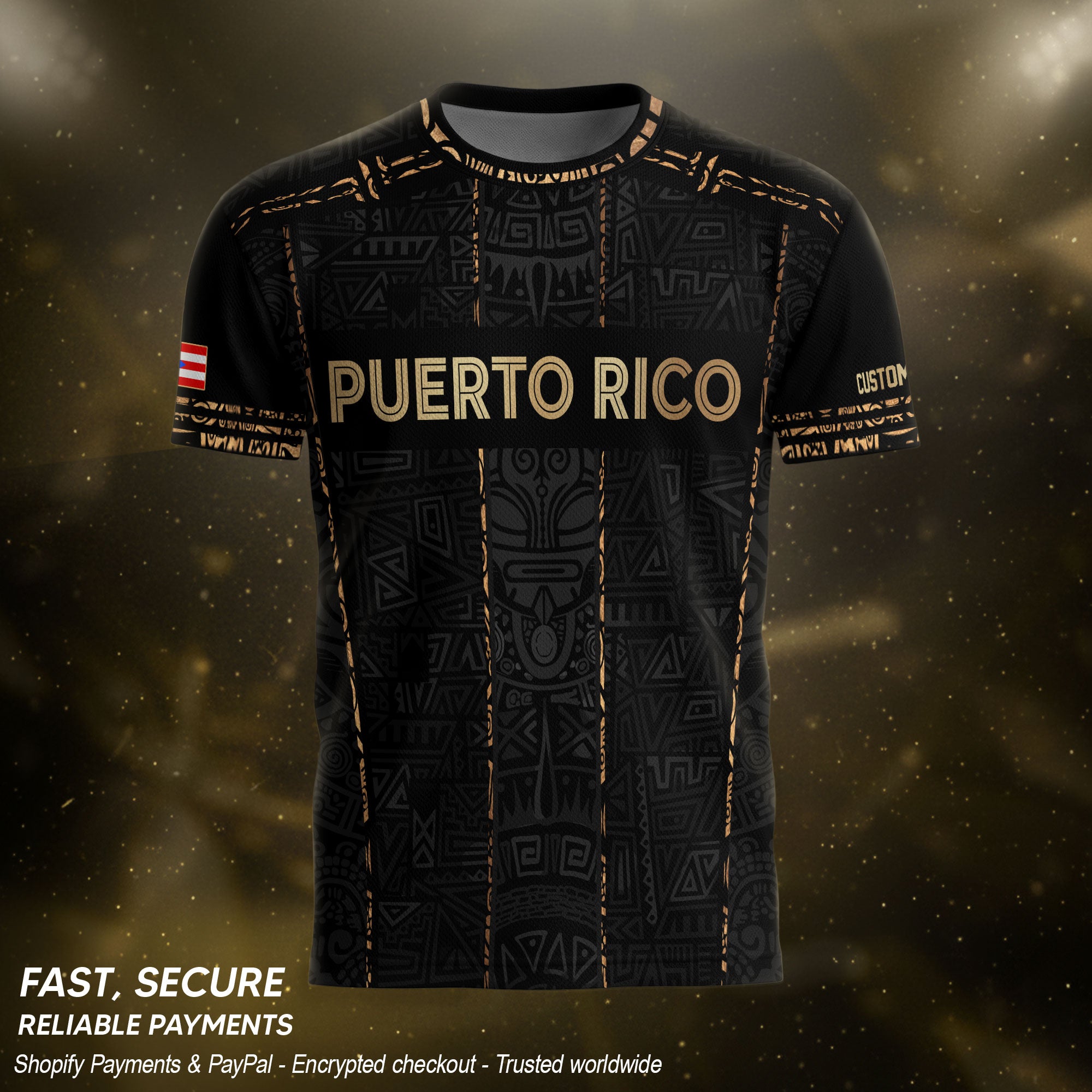 Puerto Rico Jersey Black Gold Stripes Taino Culture Personalized Sportswear