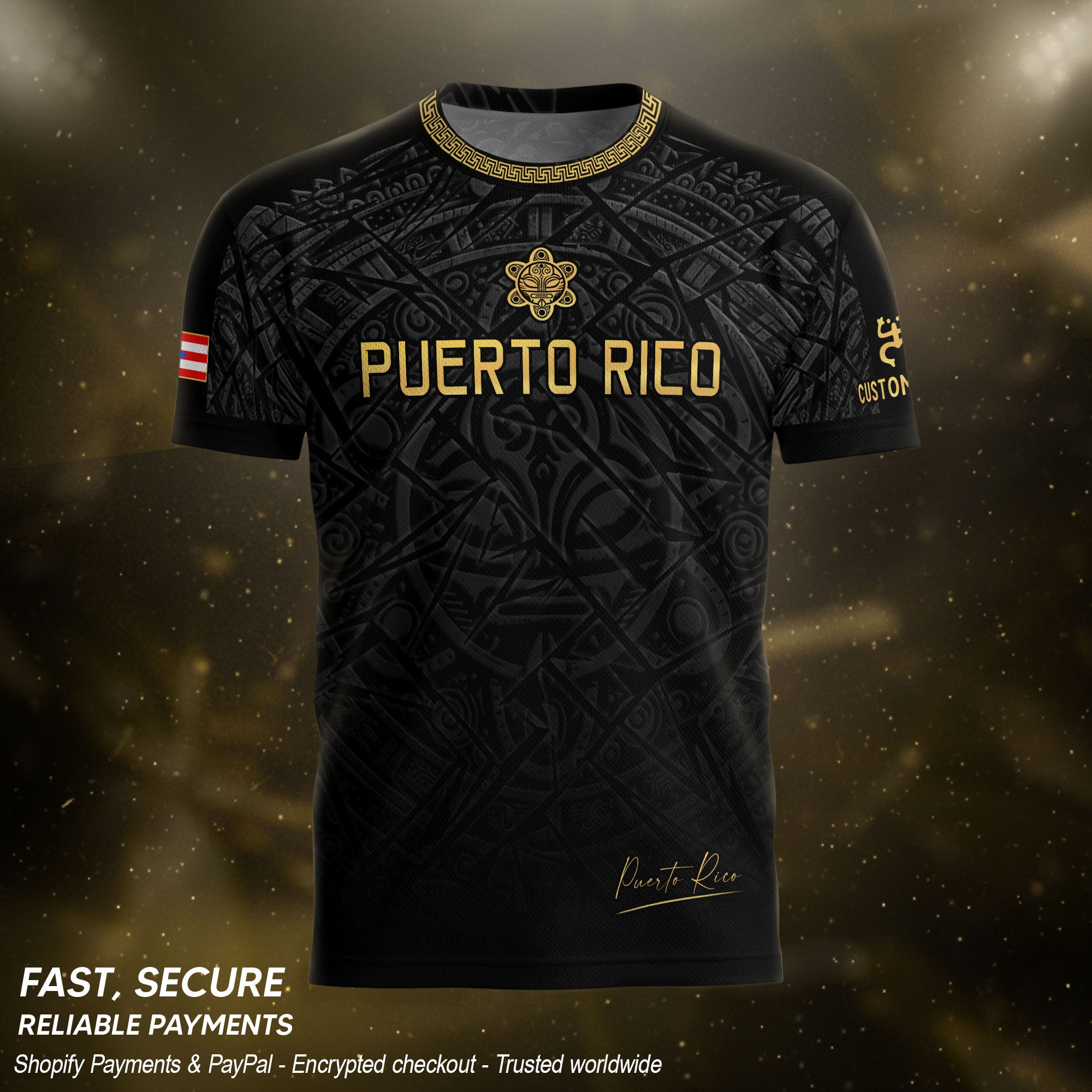 Custom Name Puerto Rico Jersey Black Gold Taino Symbols Boricua Sportswear