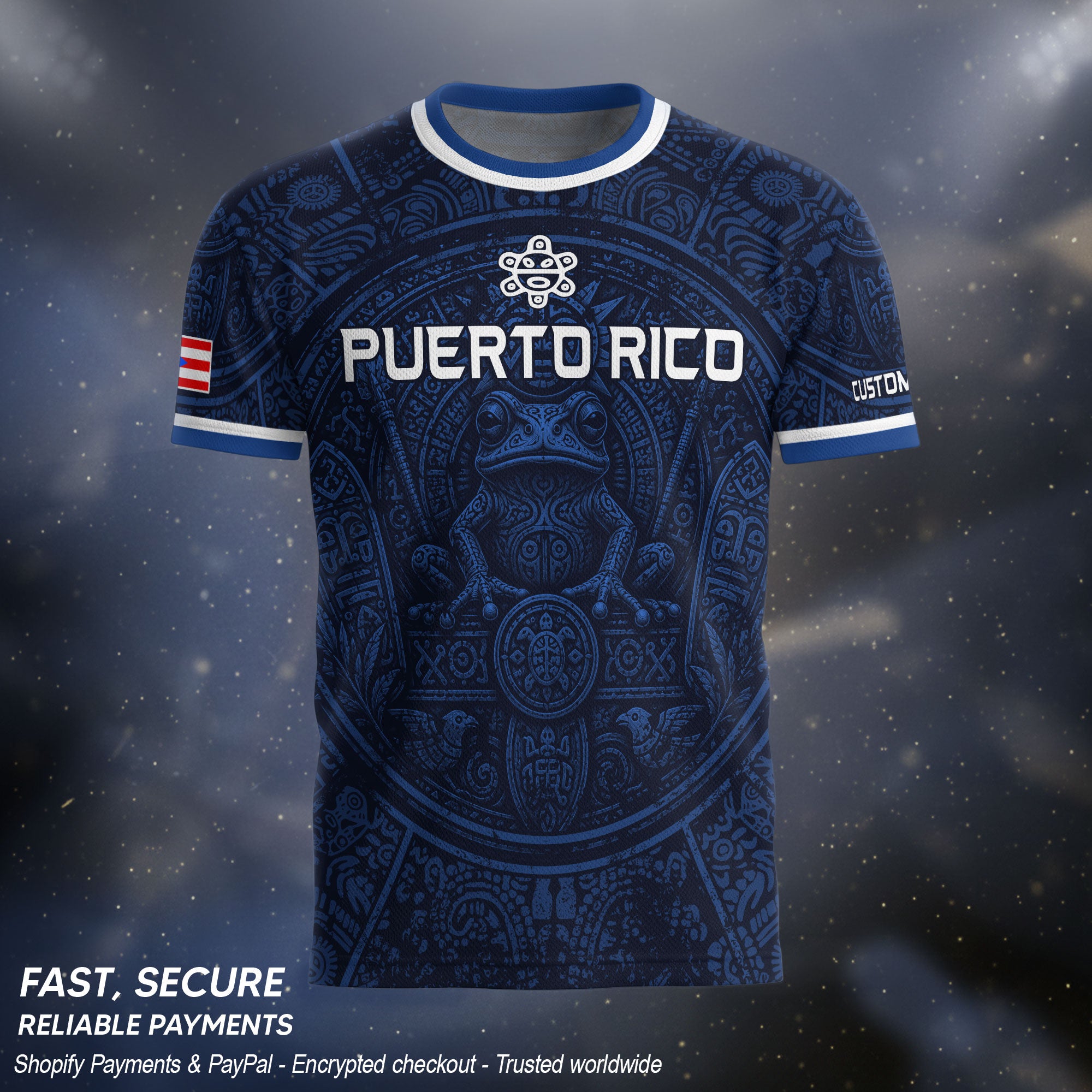 Personalized Puerto Rico Soccer Jersey Navy Blue with Taino Coqui Frog Design