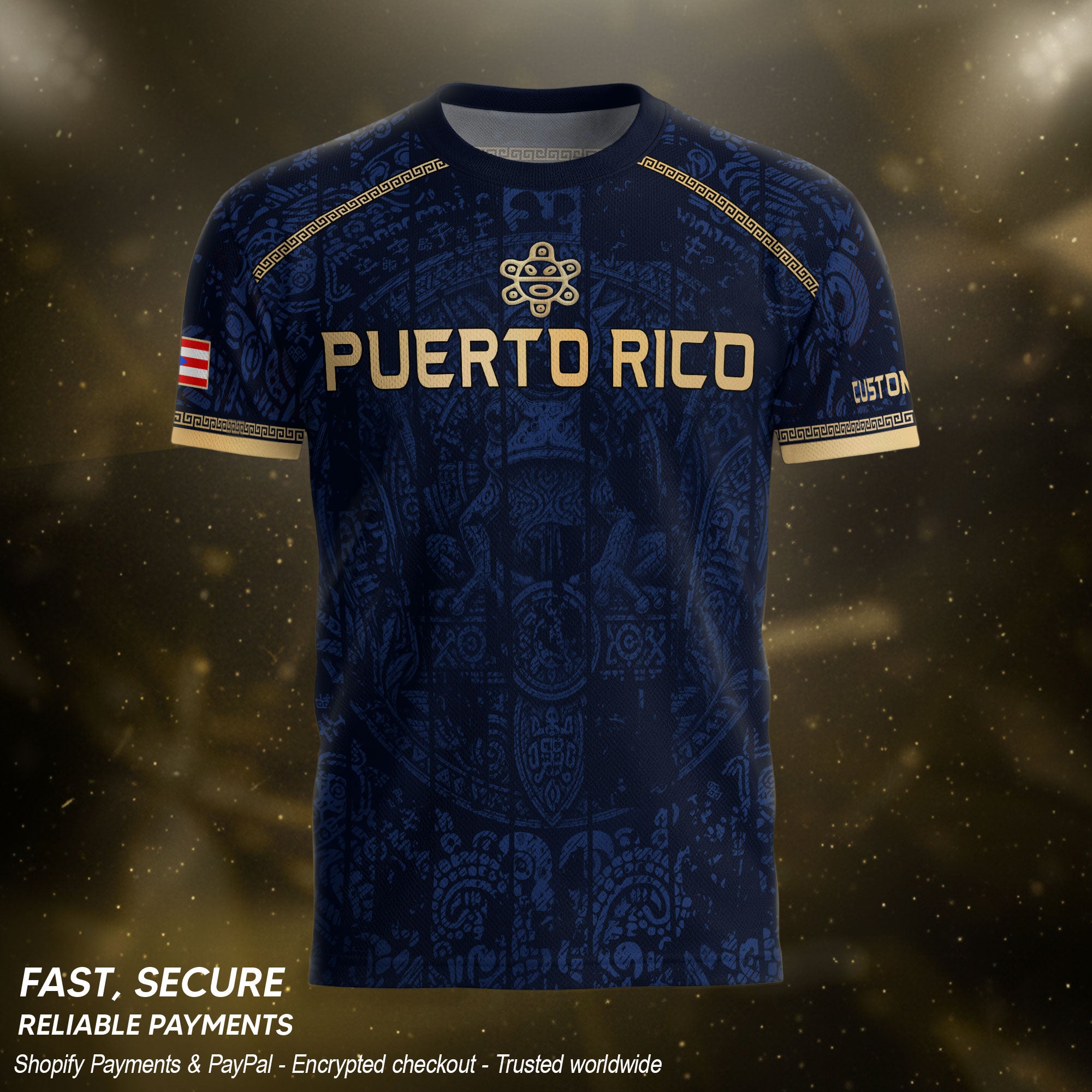 Personalized Name Puerto Rico Soccer Jersey Navy Blue Taino Gold Design Boricua Pride