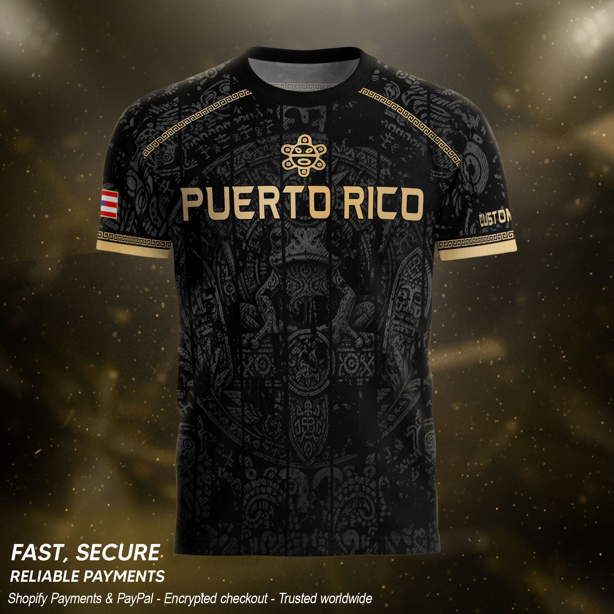 Personalized Name Black Puerto Rico Soccer Jersey Taino Gold Design Boricua Pride
