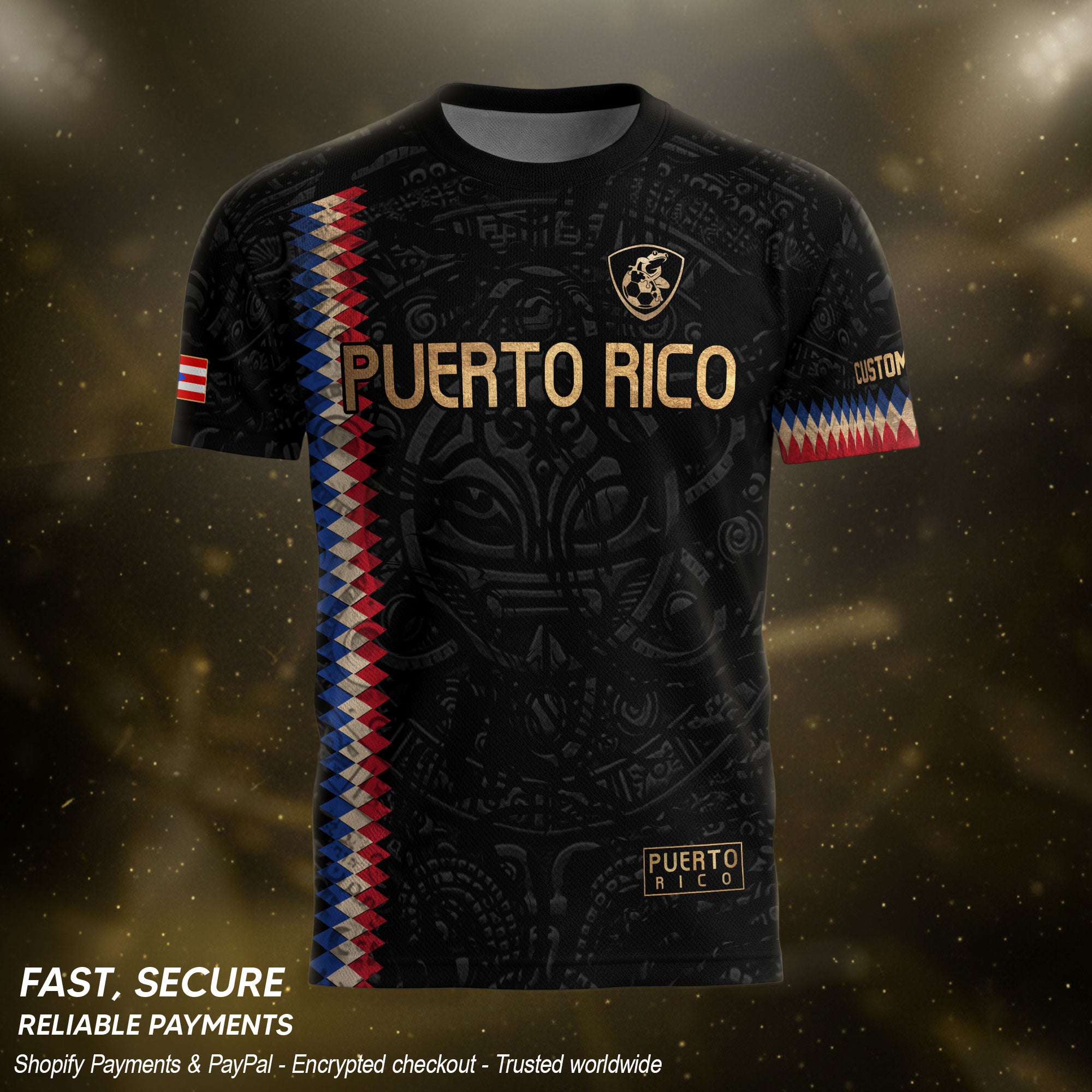 Custom Puerto Rico Soccer Jersey Black Gold – Puerto Rico Shirt, Puerto Rico Jerseys for Fans