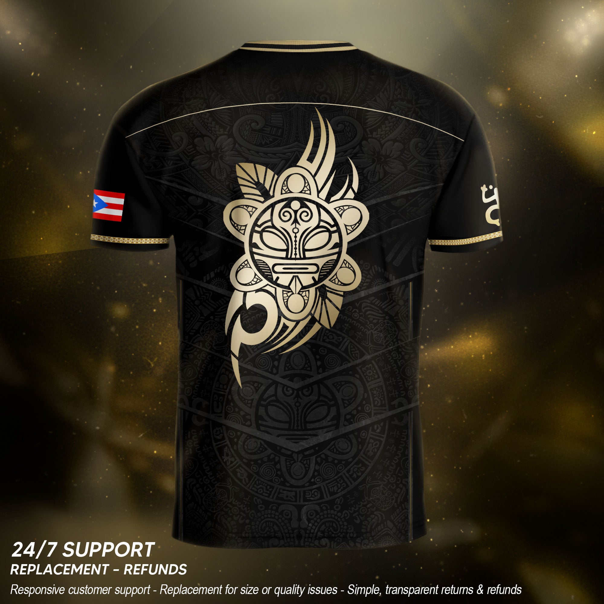 Puerto Rico Soccer Jersey - Black Gold Design with Lion Symbol & Puerto Rico Flag